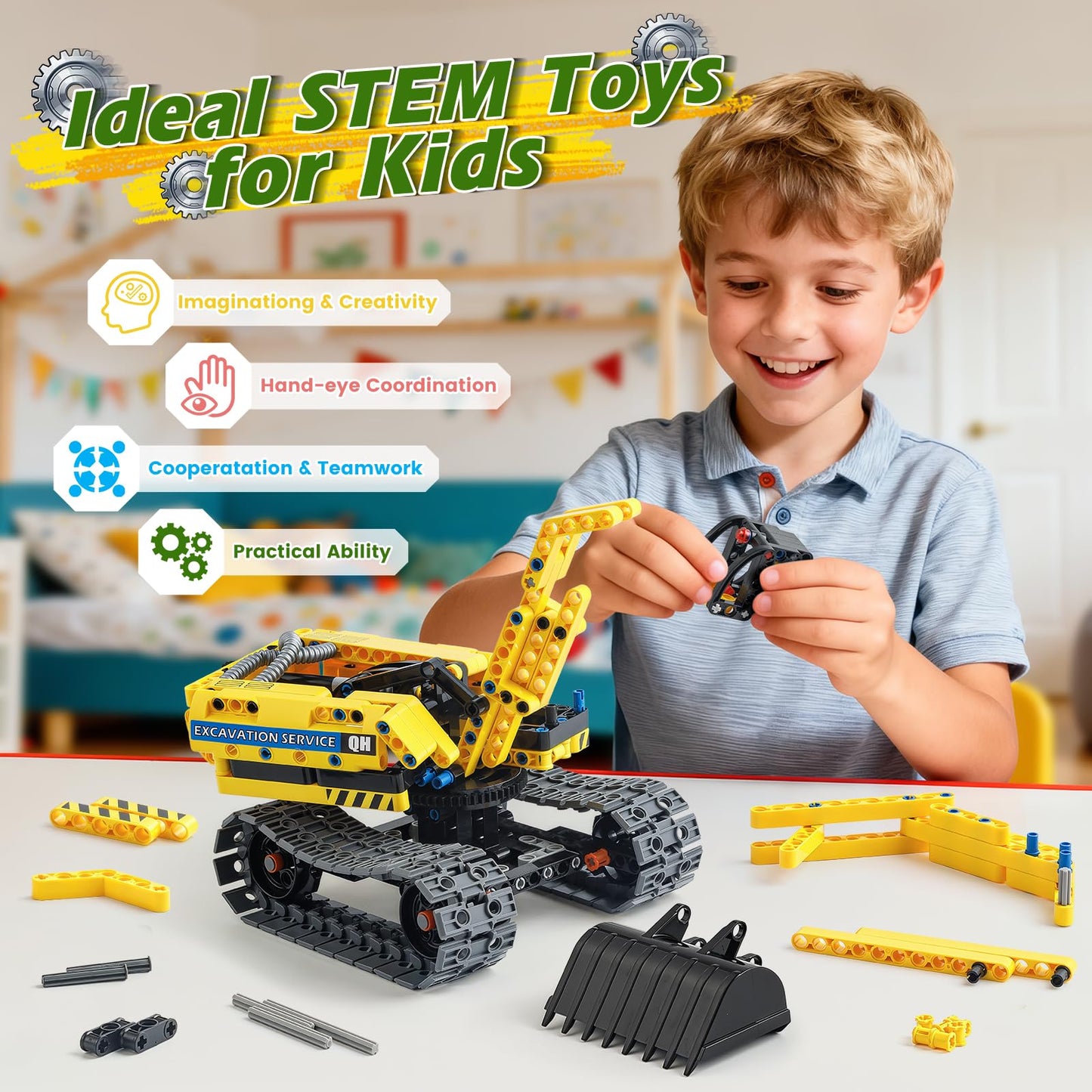 Jumlys STEM Building Toy – 344-Piece 2-in-1 Excavator & Robot Kit for Kids Aged 5–12