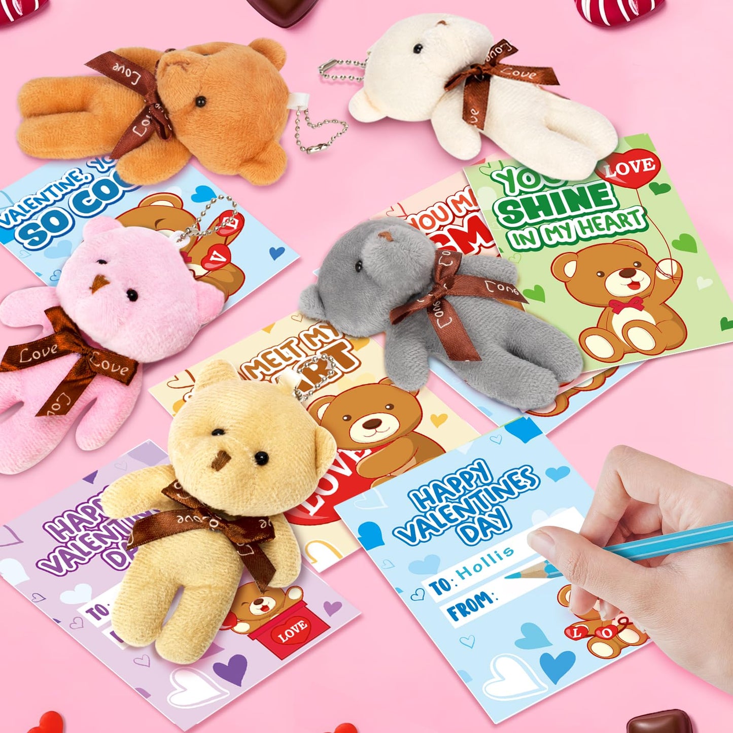 Valentine's Day Cards for Kids – 24-Pack with Plush Bear Key Chains | Jumlys