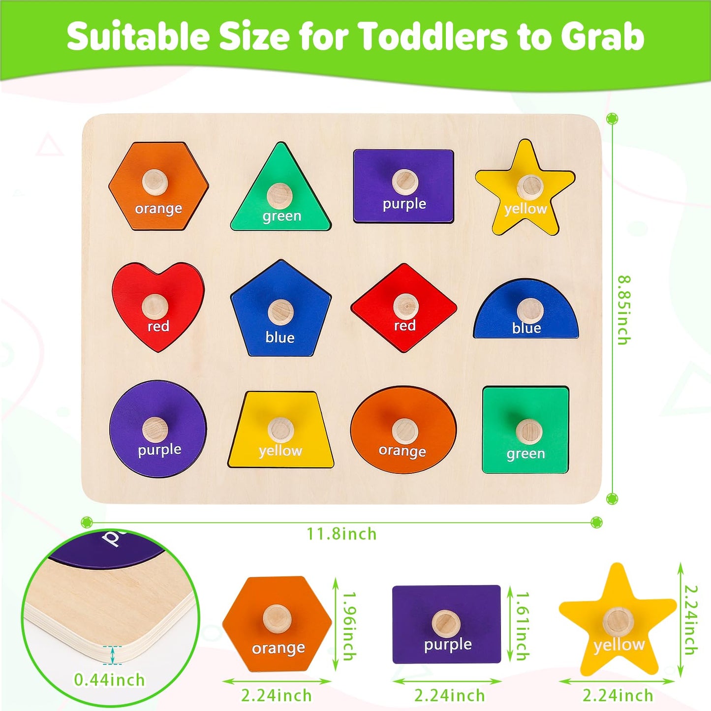 Jumlys Montessori Wooden Shape Puzzle for Toddlers 1-3 – 12 Shapes, 6 Colors