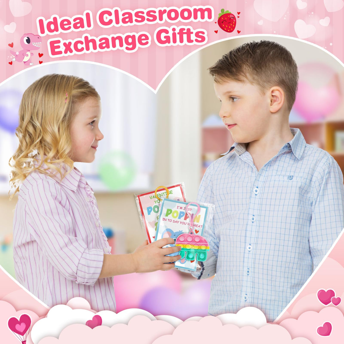 Jumlys Valentines Day Cards for Kids — 24 Pack Pop Fidget Keychains