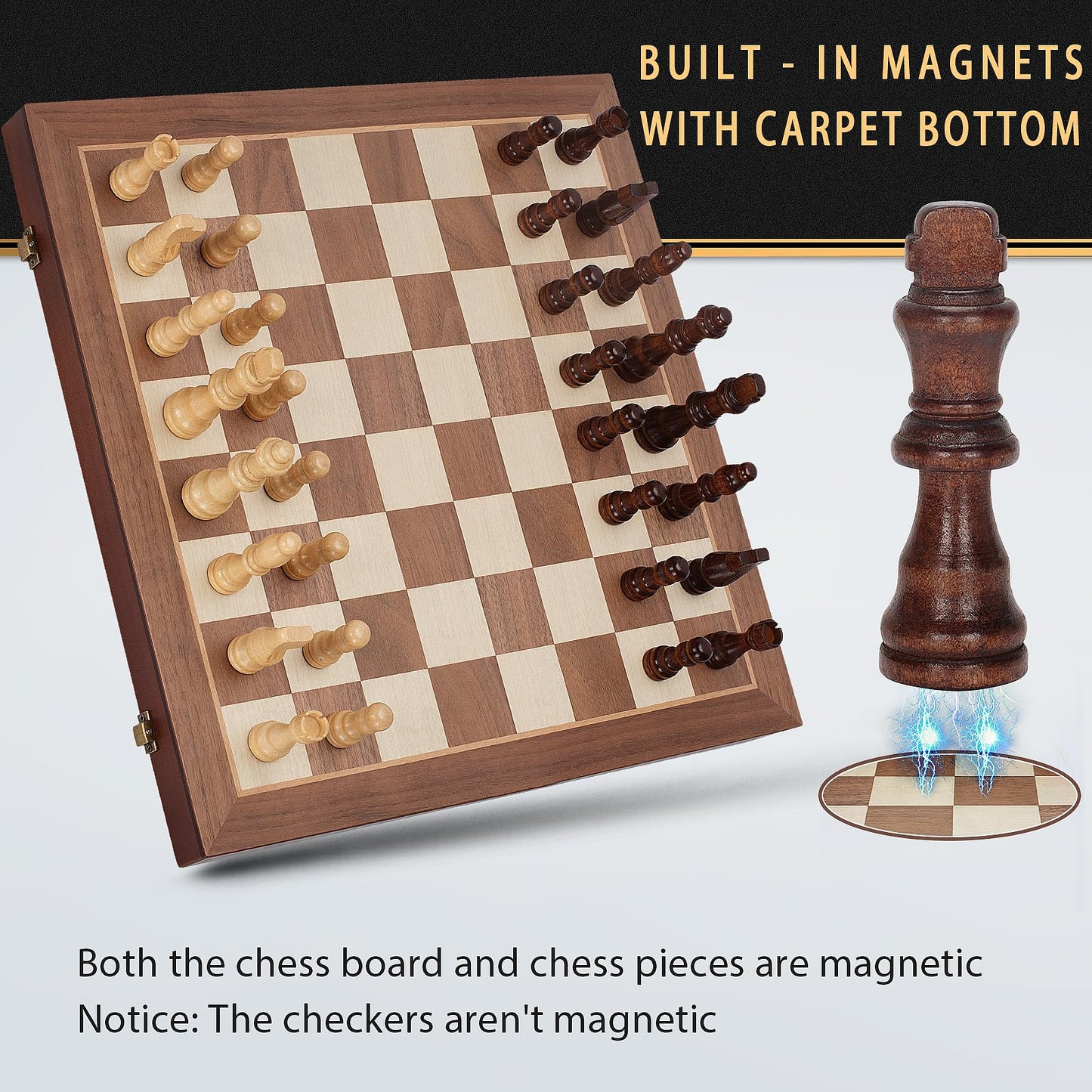 Jumlys 2-in-1 Magnetic Chess Set & Checkers Board – 15" Folding Wooden Travel Game
