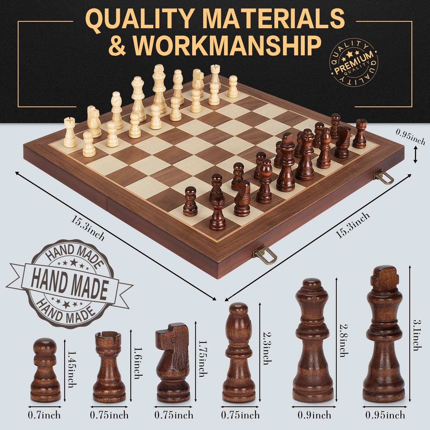 Jumlys Magnetic Wooden Chess Set - 15 Inch Folding Board with 2 Extra Queens
