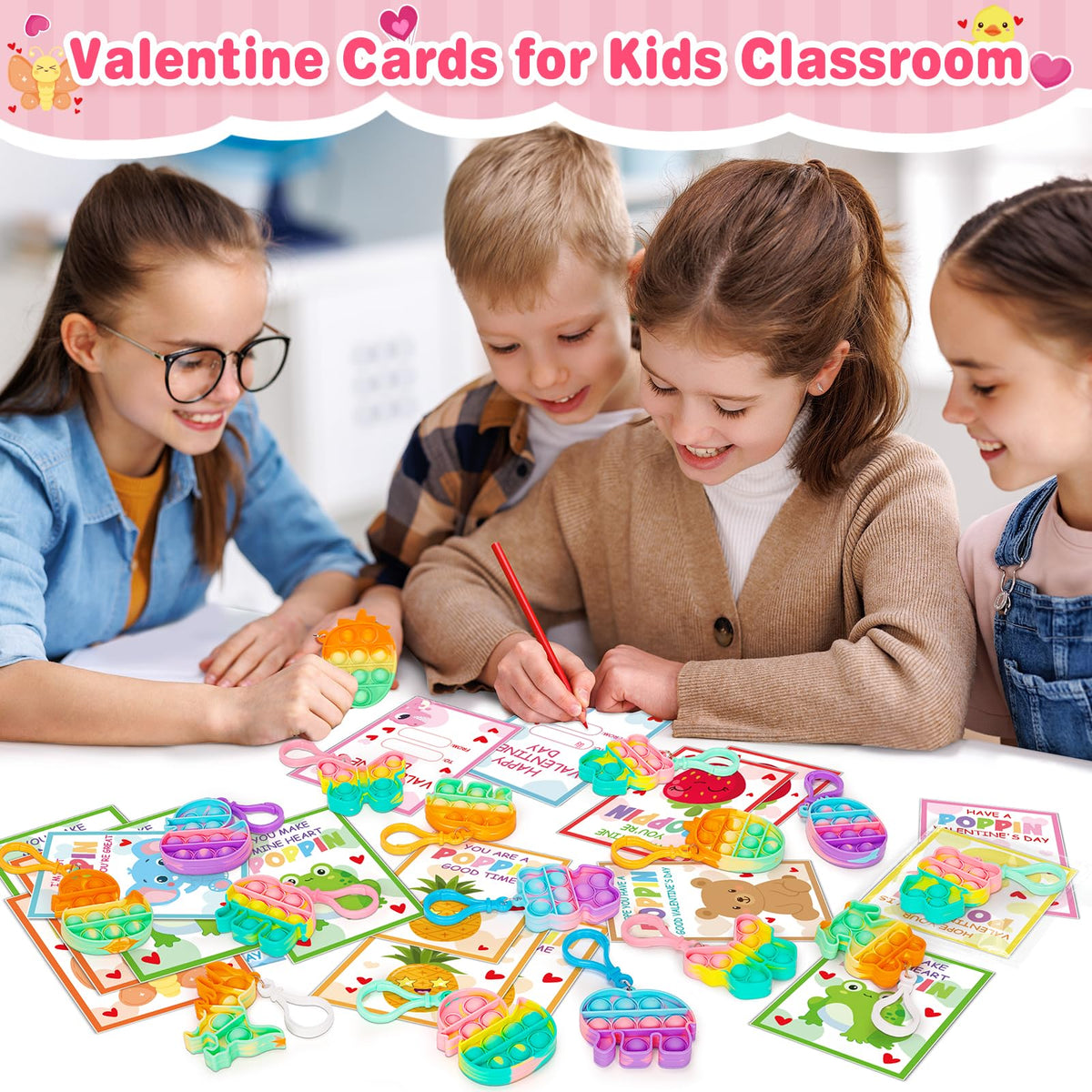 Jumlys Valentines Day Cards for Kids — 24 Pack Pop Fidget Keychains