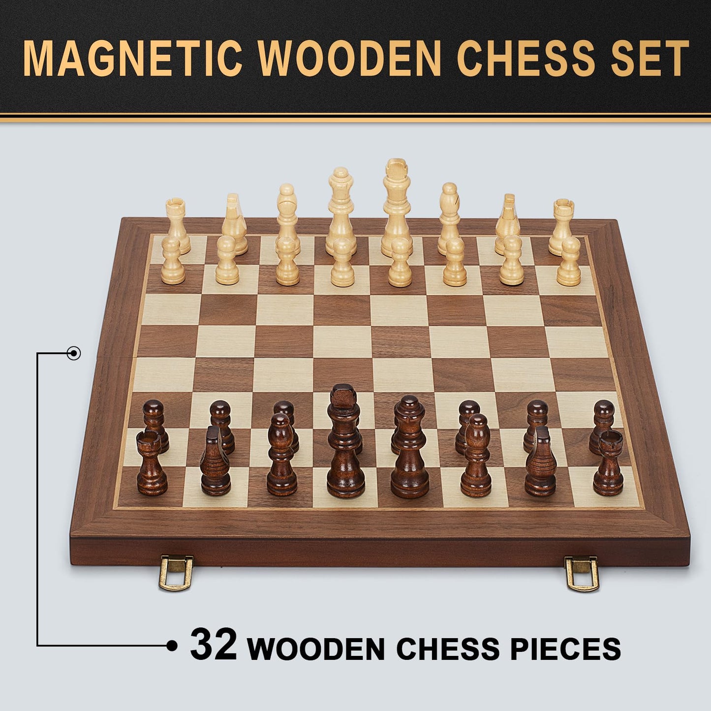 Jumlys Magnetic Wooden Chess Set - 15 Inch Folding Board with 2 Extra Queens