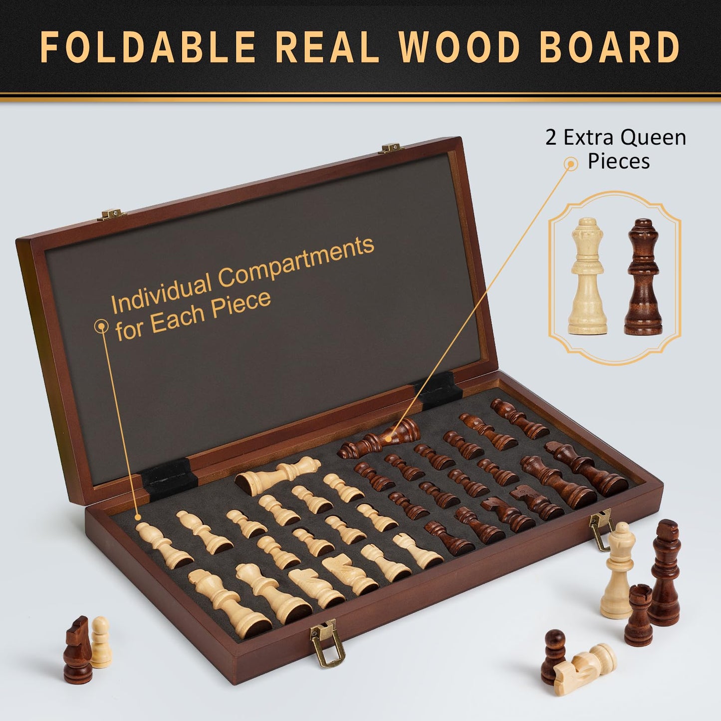 Jumlys Magnetic Wooden Chess Set - 15 Inch Folding Board with 2 Extra Queens