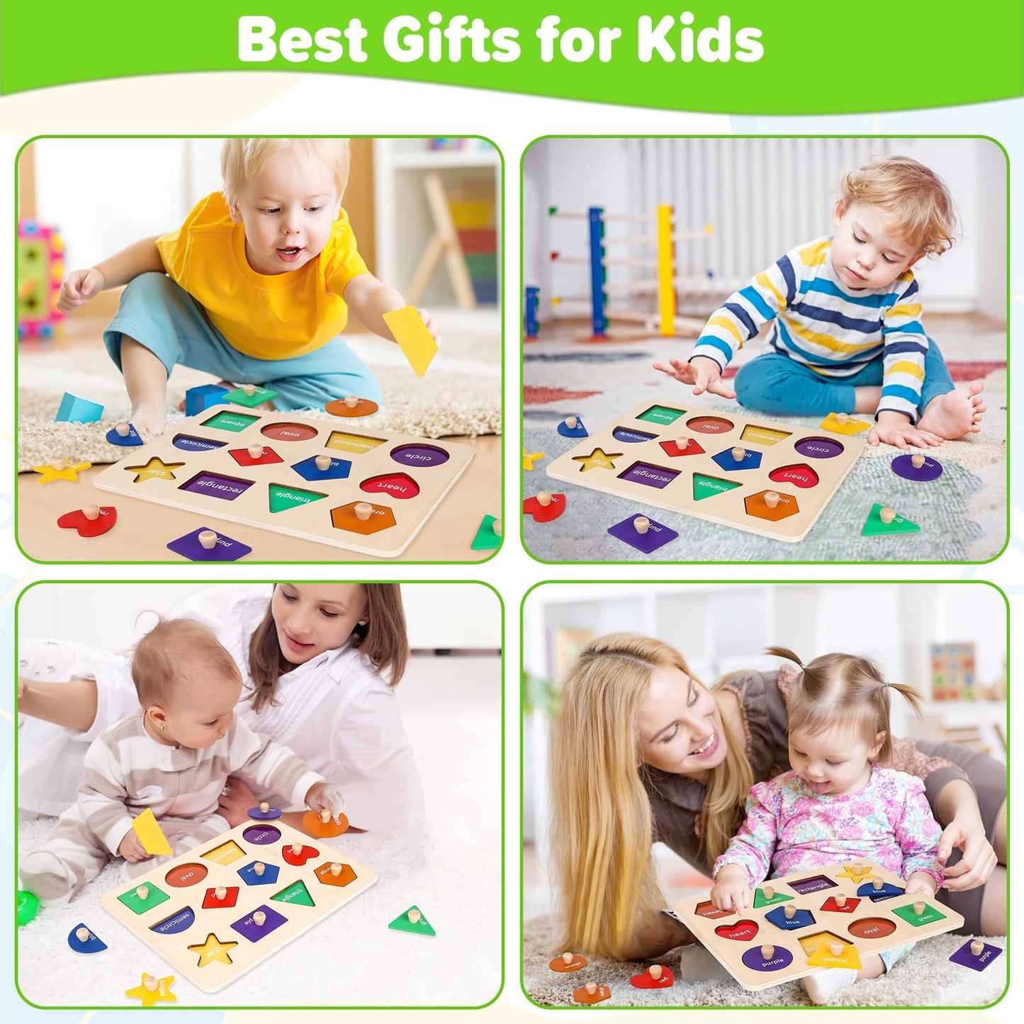 Jumlys Montessori Wooden Shape Puzzle for Toddlers 1-3 – 12 Shapes, 6 Colors