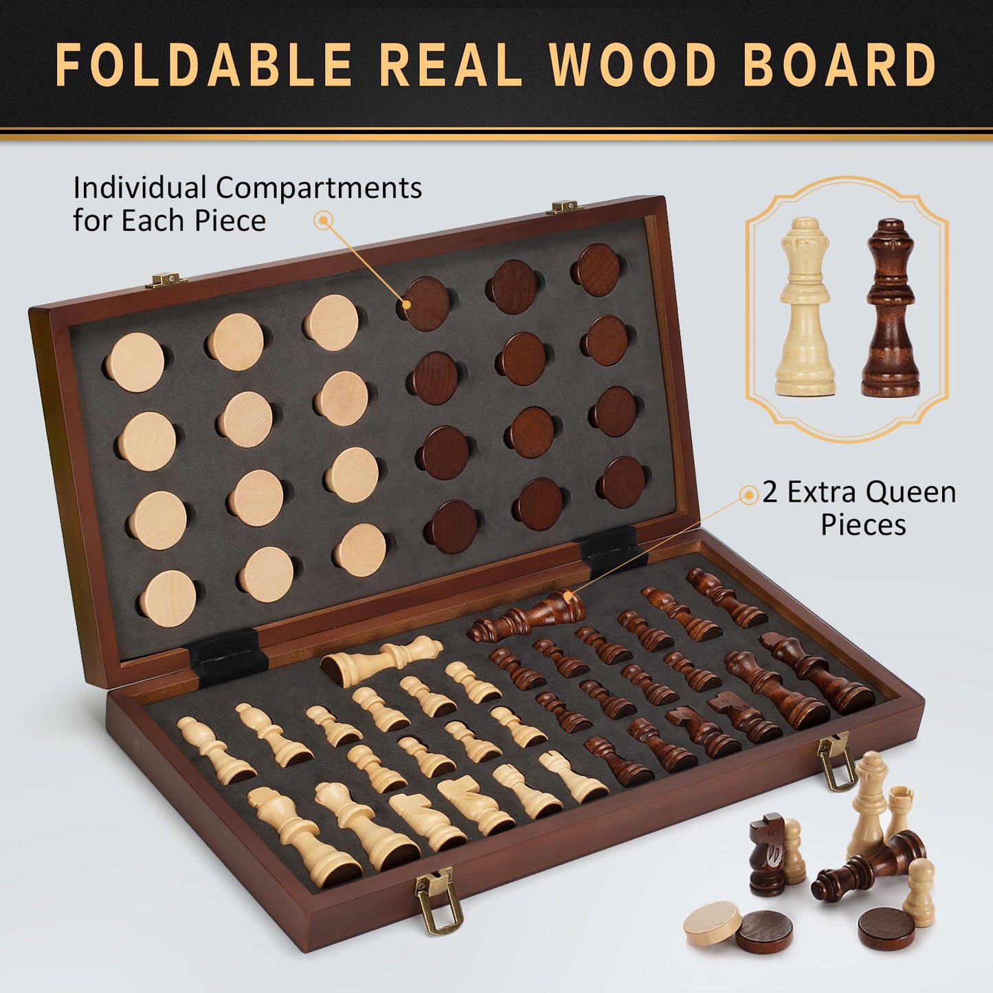 Jumlys 2-in-1 Magnetic Chess Set & Checkers Board – 15" Folding Wooden Travel Game