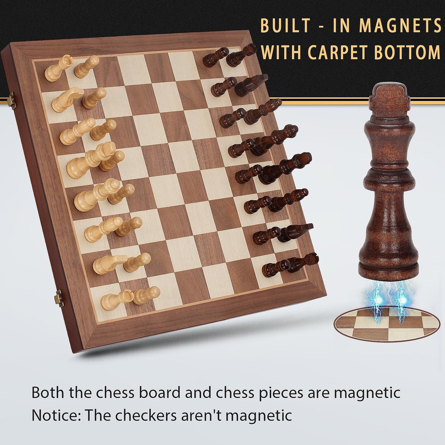 Jumlys Magnetic Wooden Chess Set - 15 Inch Folding Board with 2 Extra Queens