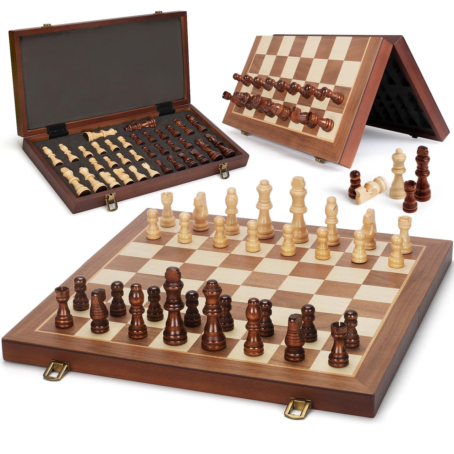 Jumlys Magnetic Wooden Chess Set - 15 Inch Folding Board with 2 Extra Queens
