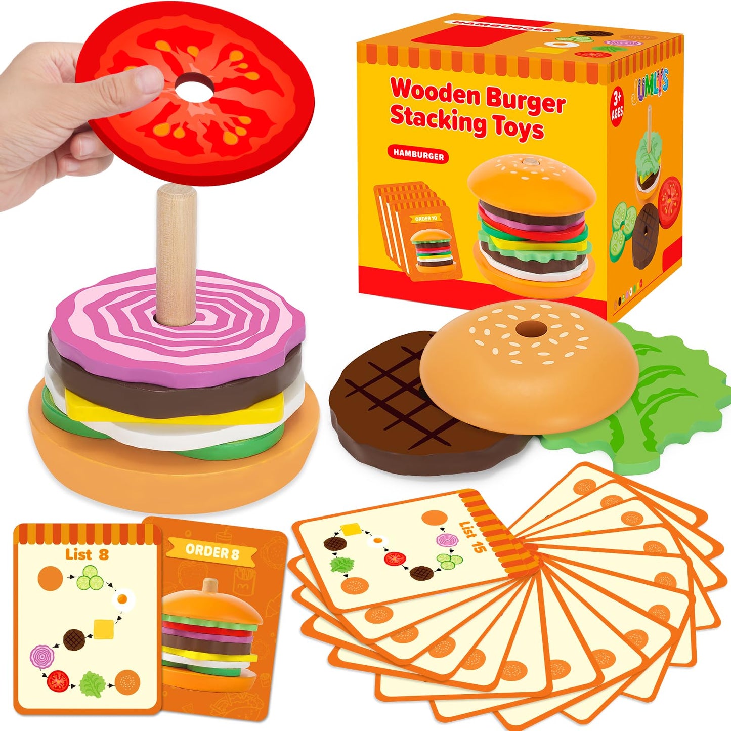 Jumlys Montessori Wooden Burger Stacking Toys – Fine Motor & Imagination