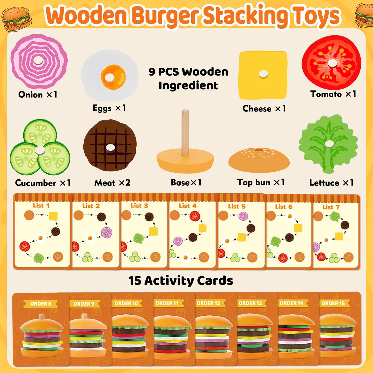 Jumlys Montessori Wooden Burger Stacking Toys – Fine Motor & Imagination