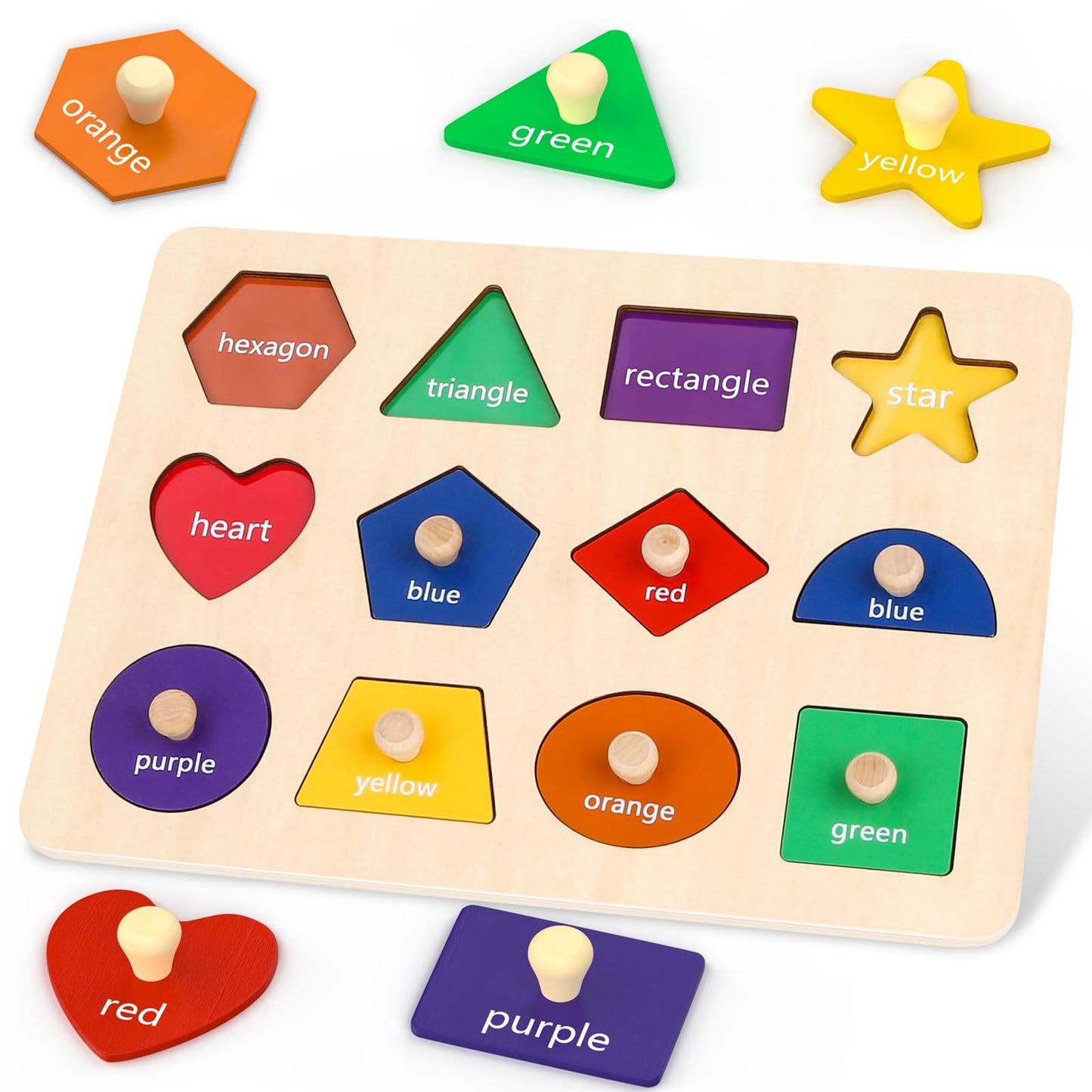 Jumlys Montessori Wooden Shape Puzzle for Toddlers 1-3 – 12 Shapes, 6 Colors