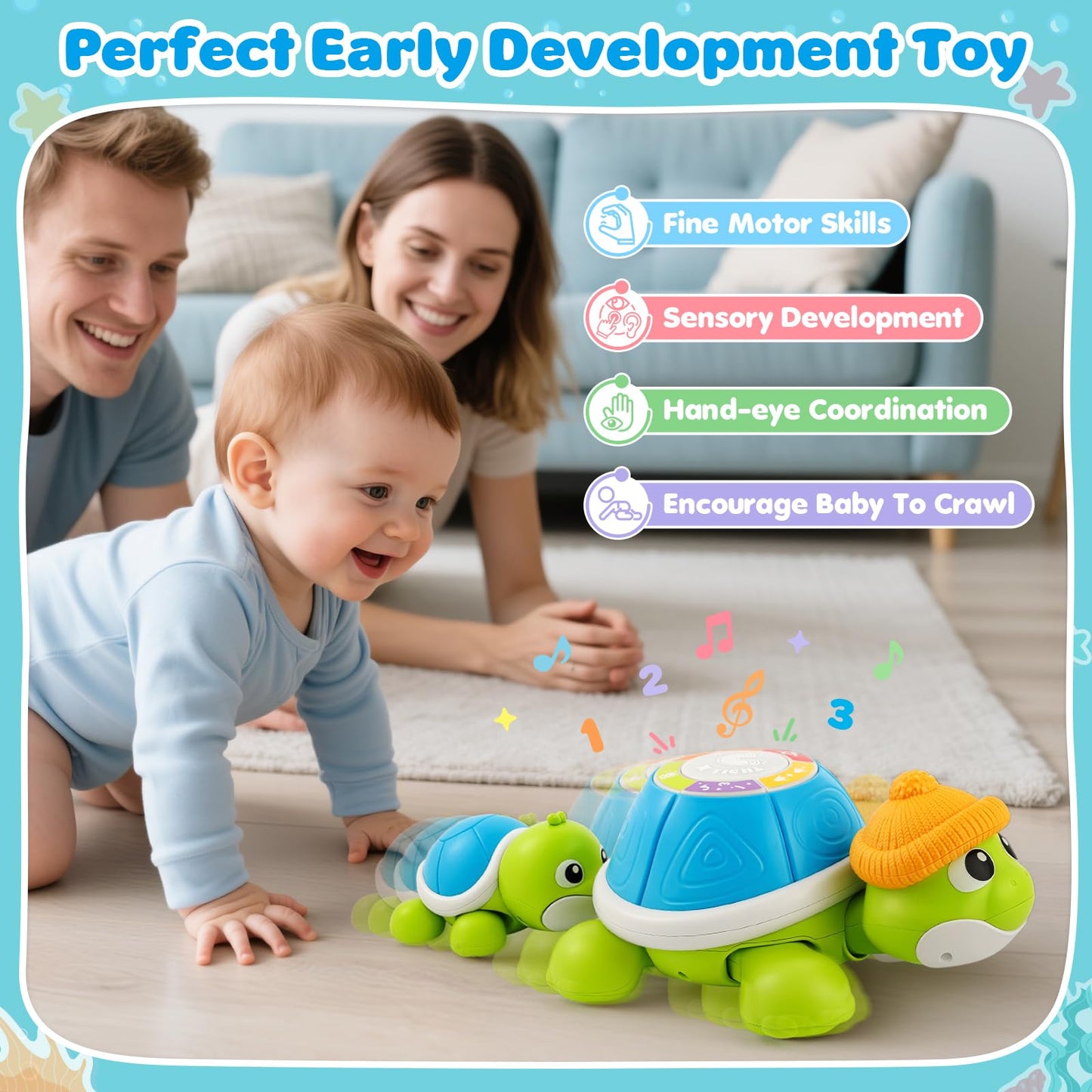 Jumlys Musical Turtle Crawling Toy for Babies 6-12 Months – Tummy Time Learning Set