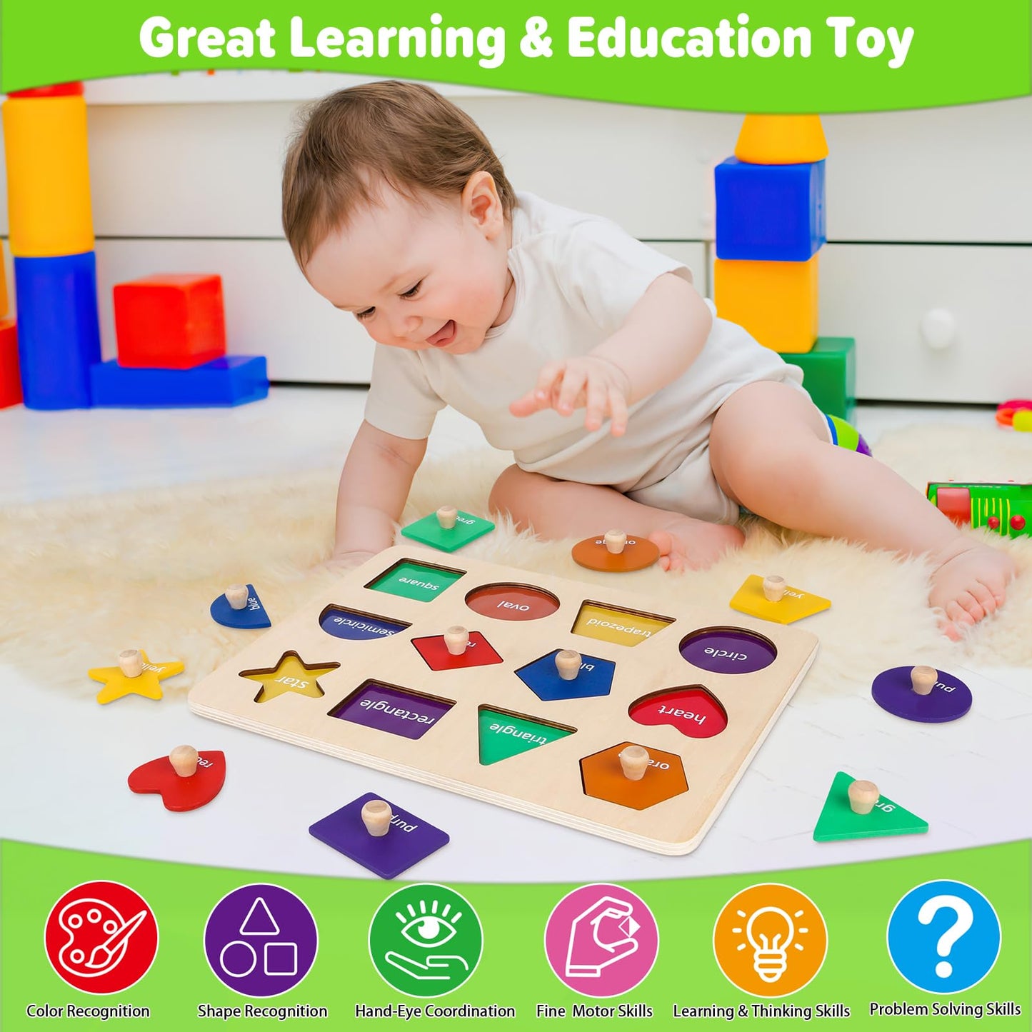 Jumlys Montessori Wooden Shape Puzzle for Toddlers 1-3 – 12 Shapes, 6 Colors