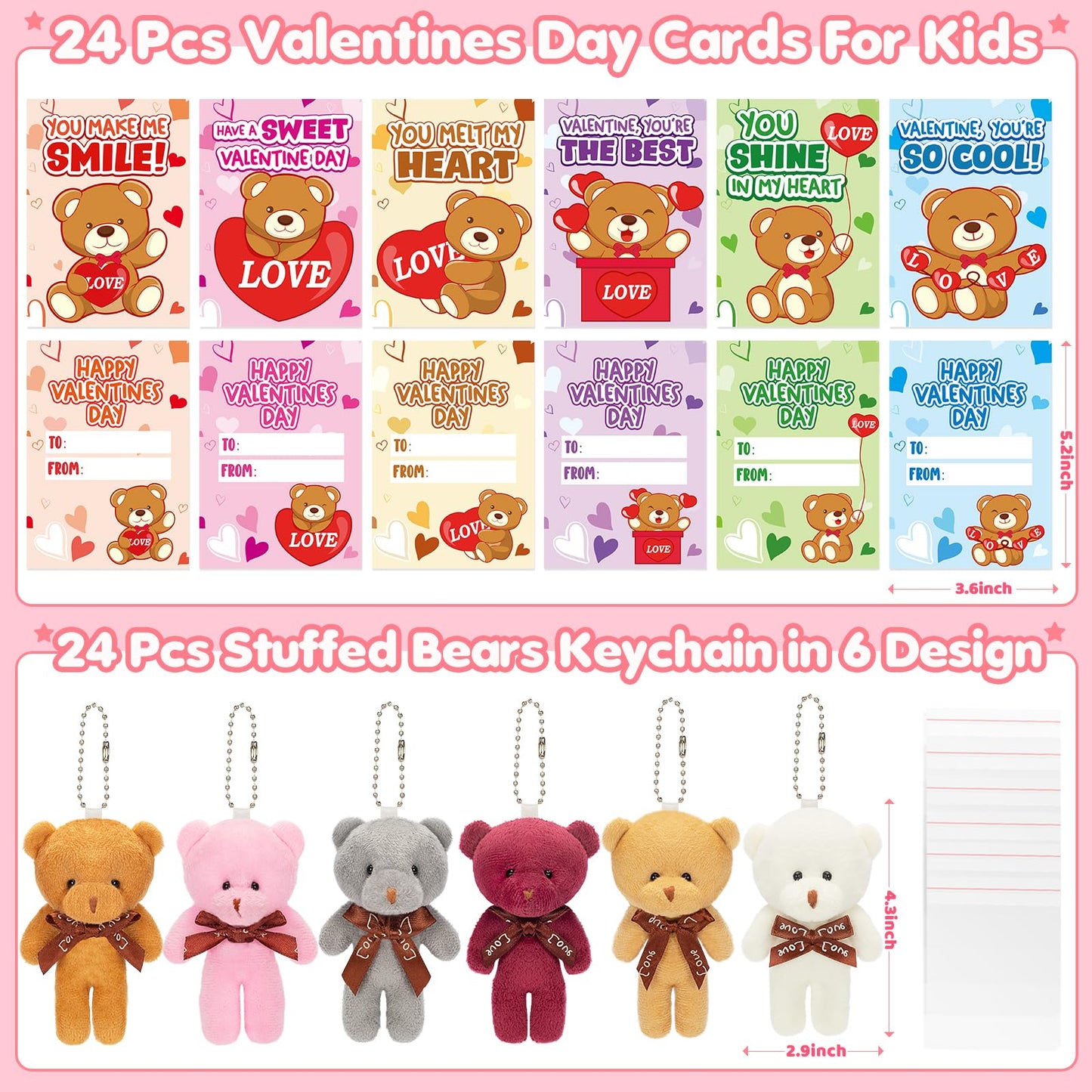 Valentine's Day Cards for Kids – 24-Pack with Plush Bear Key Chains | Jumlys