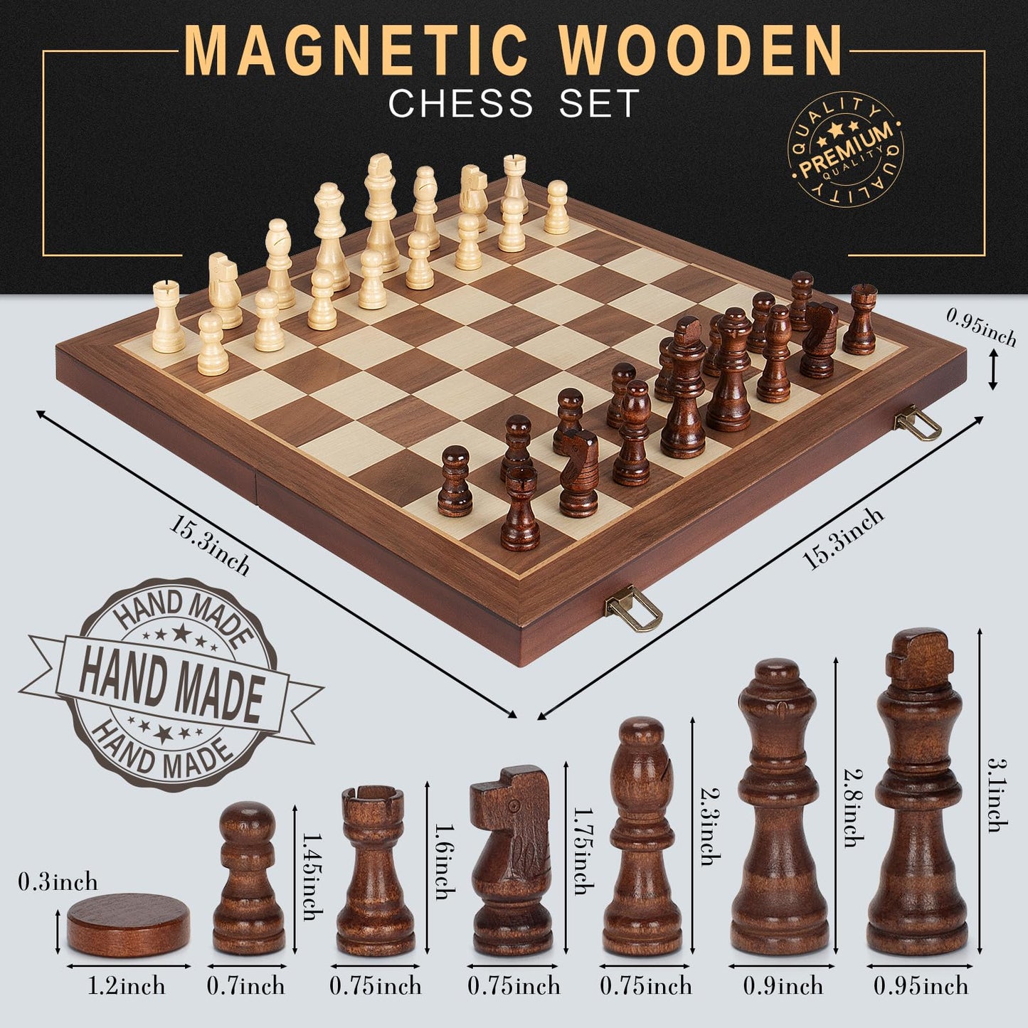 Jumlys 2-in-1 Magnetic Chess Set & Checkers Board – 15" Folding Wooden Travel Game