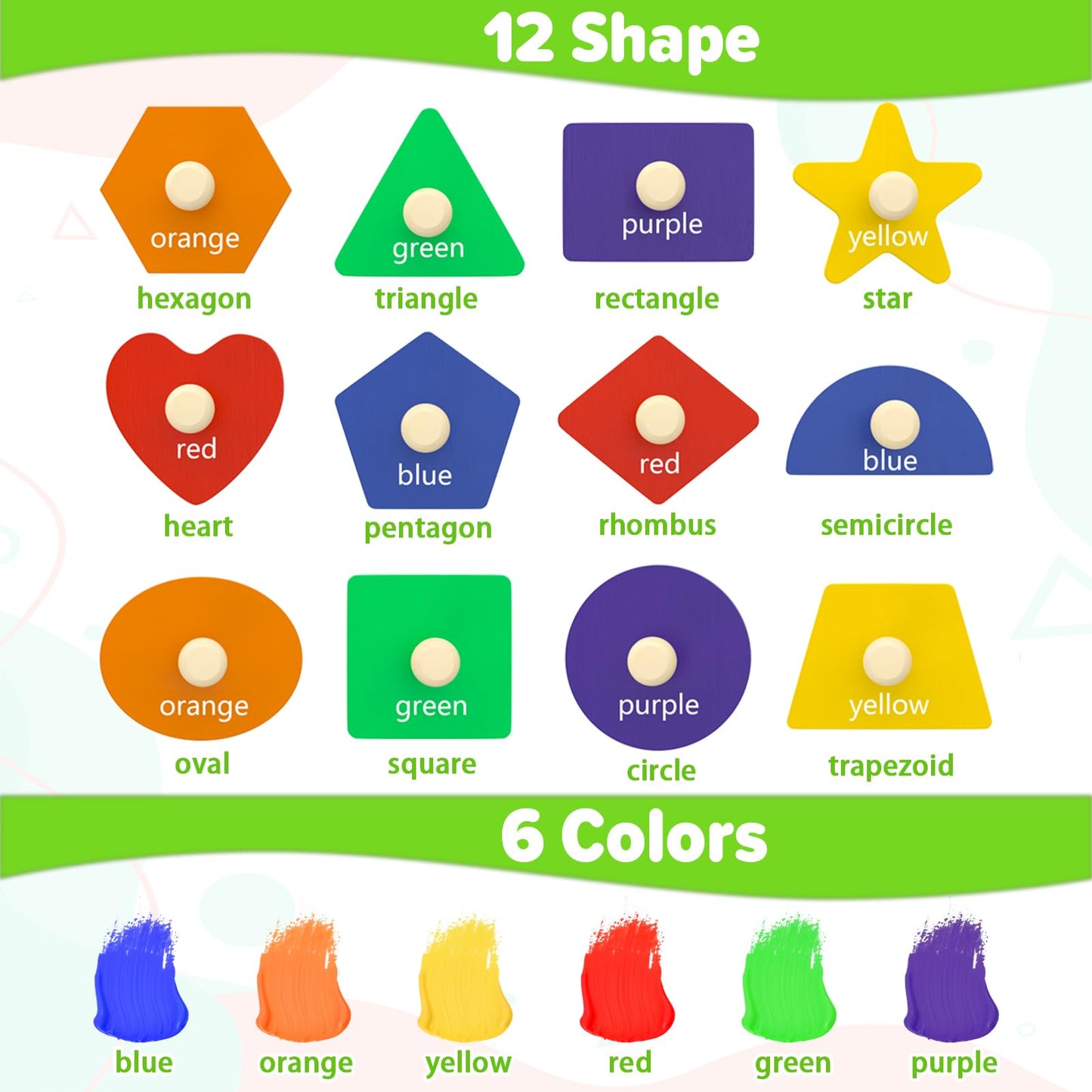 Jumlys Montessori Wooden Shape Puzzle for Toddlers 1-3 – 12 Shapes, 6 Colors