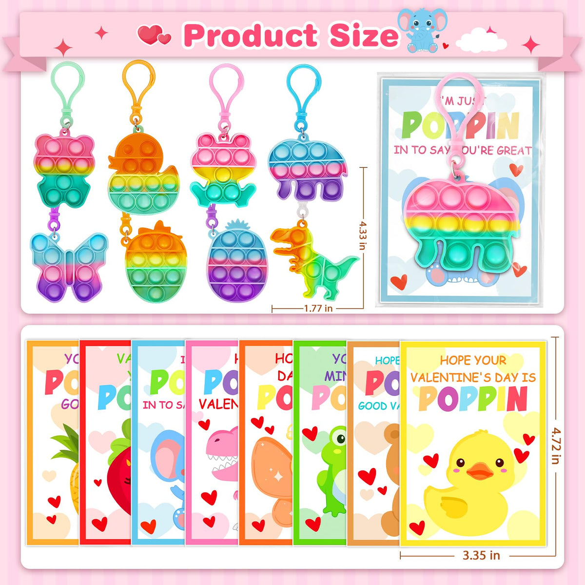 Jumlys Valentines Day Cards for Kids — 24 Pack Pop Fidget Keychains
