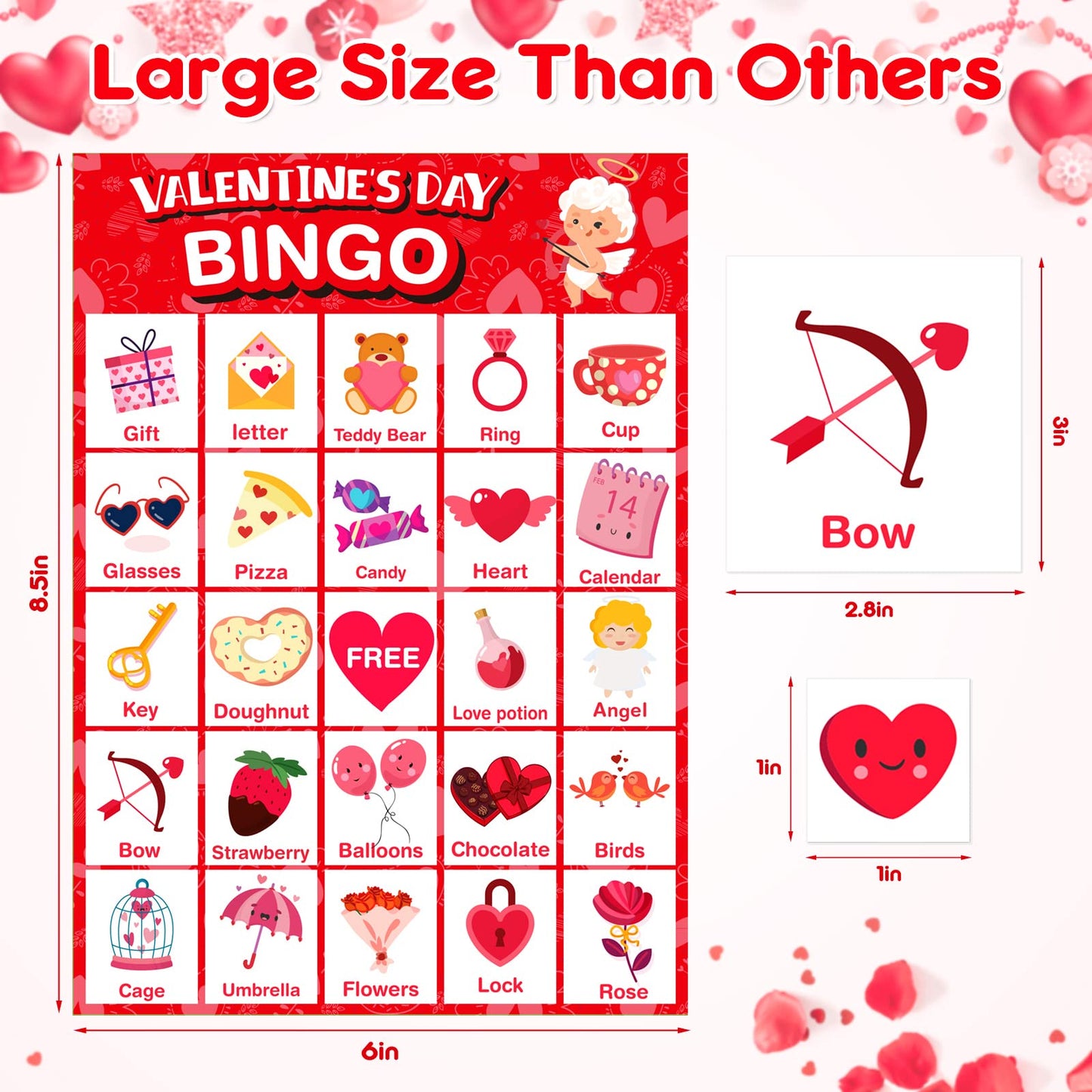 Jumlys Valentines Day Large Size Bingo Game Card Set – 24 Players, Family & Classroom Use