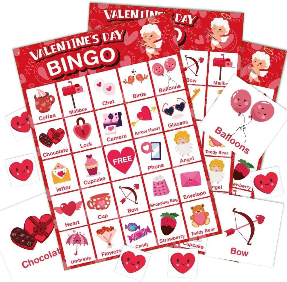 Jumlys Valentines Bingo - 32-Player Large Cards for Family & Classroom