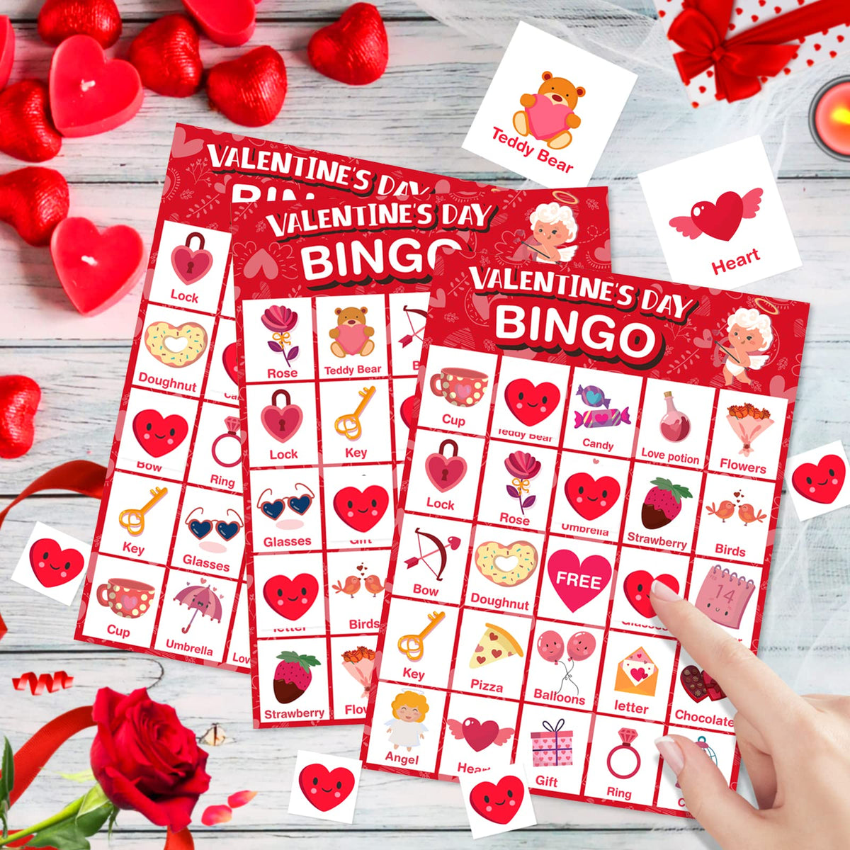 Jumlys Valentines Day Large Size Bingo Game Card Set – 24 Players, Family & Classroom Use