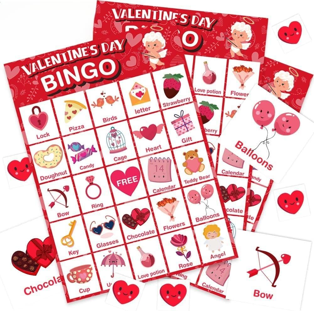 Jumlys Valentines Day Large Size Bingo Game Card Set – 24 Players, Family & Classroom Use