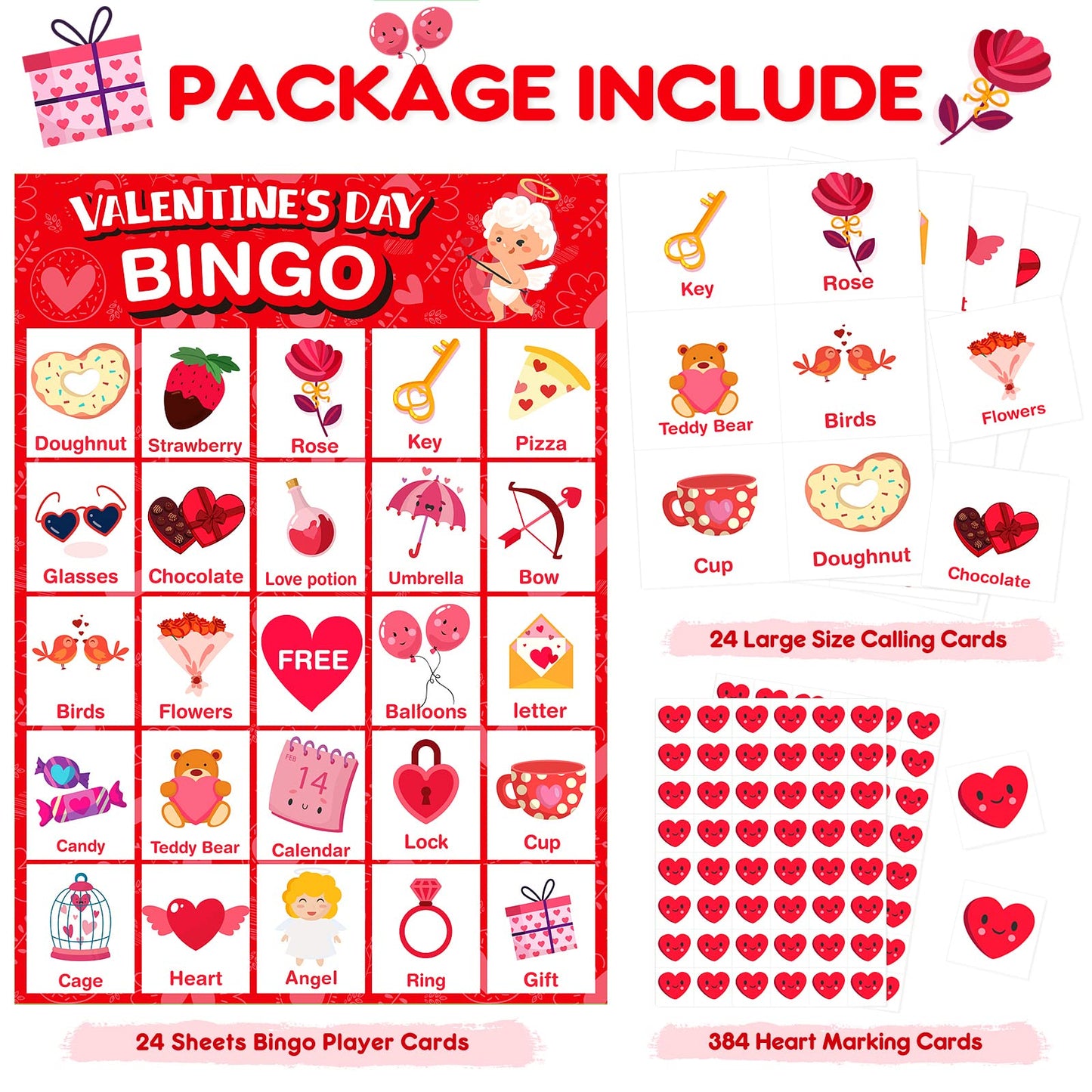 Jumlys Valentines Day Large Size Bingo Game Card Set – 24 Players, Family & Classroom Use