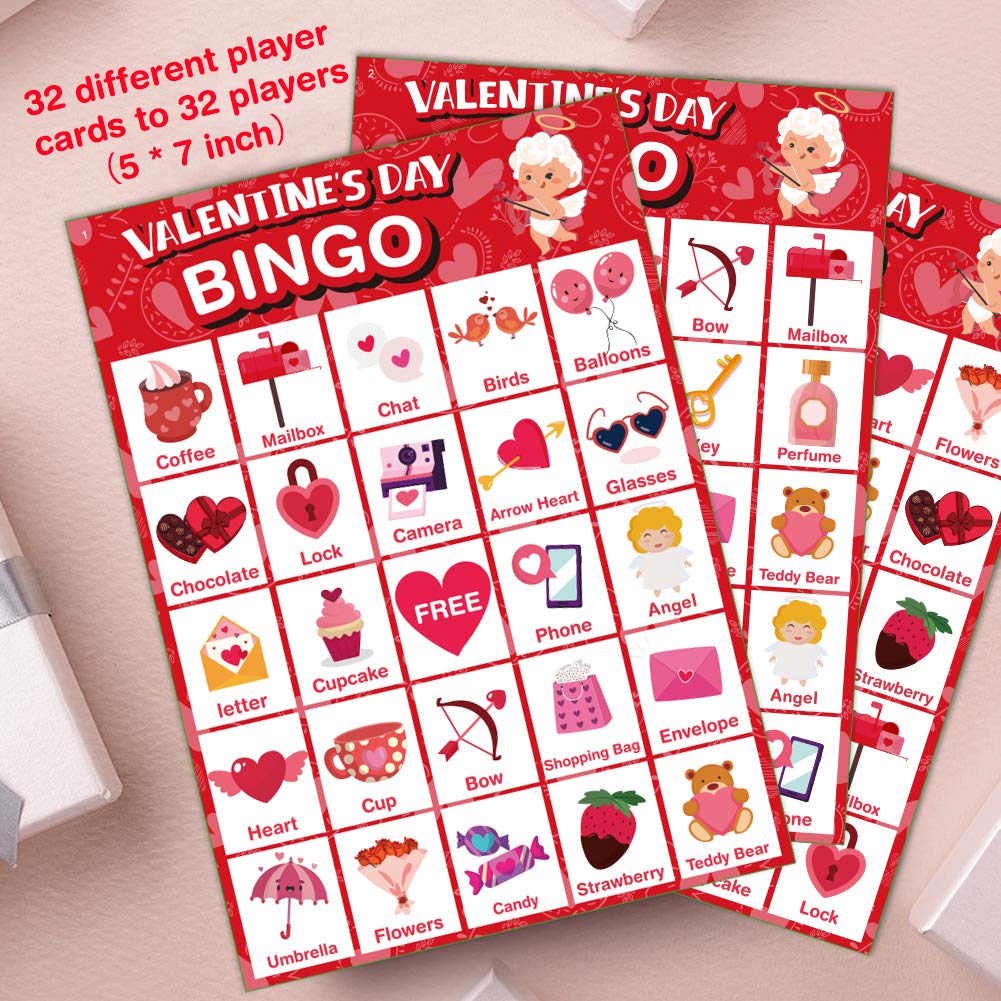 Jumlys Valentines Bingo - 32-Player Large Cards for Family & Classroom