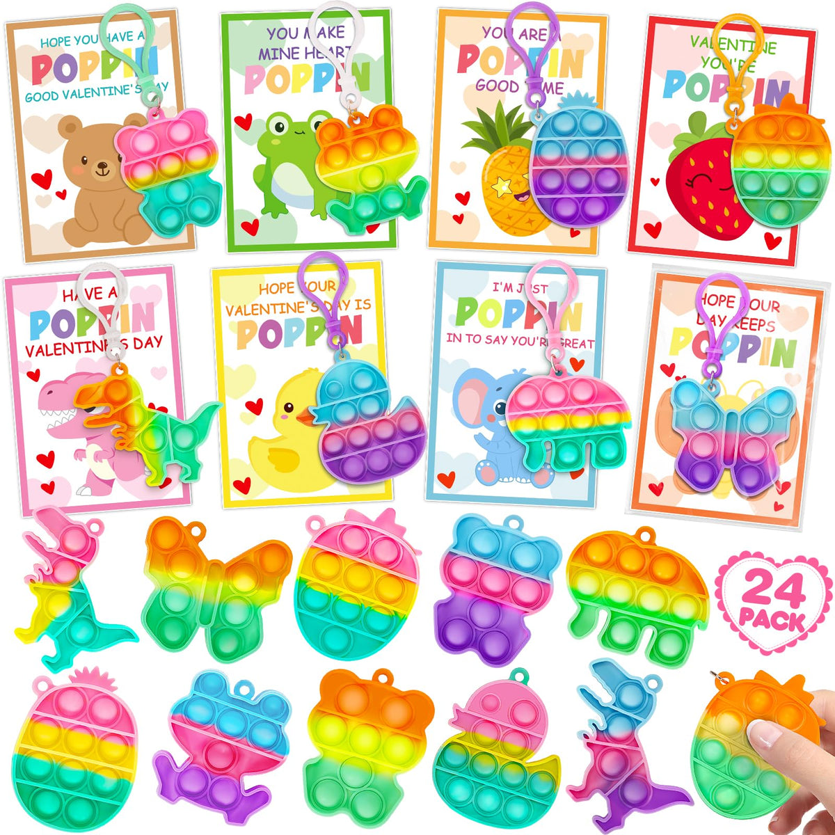 Jumlys Valentines Day Cards for Kids — 24 Pack Pop Fidget Keychains