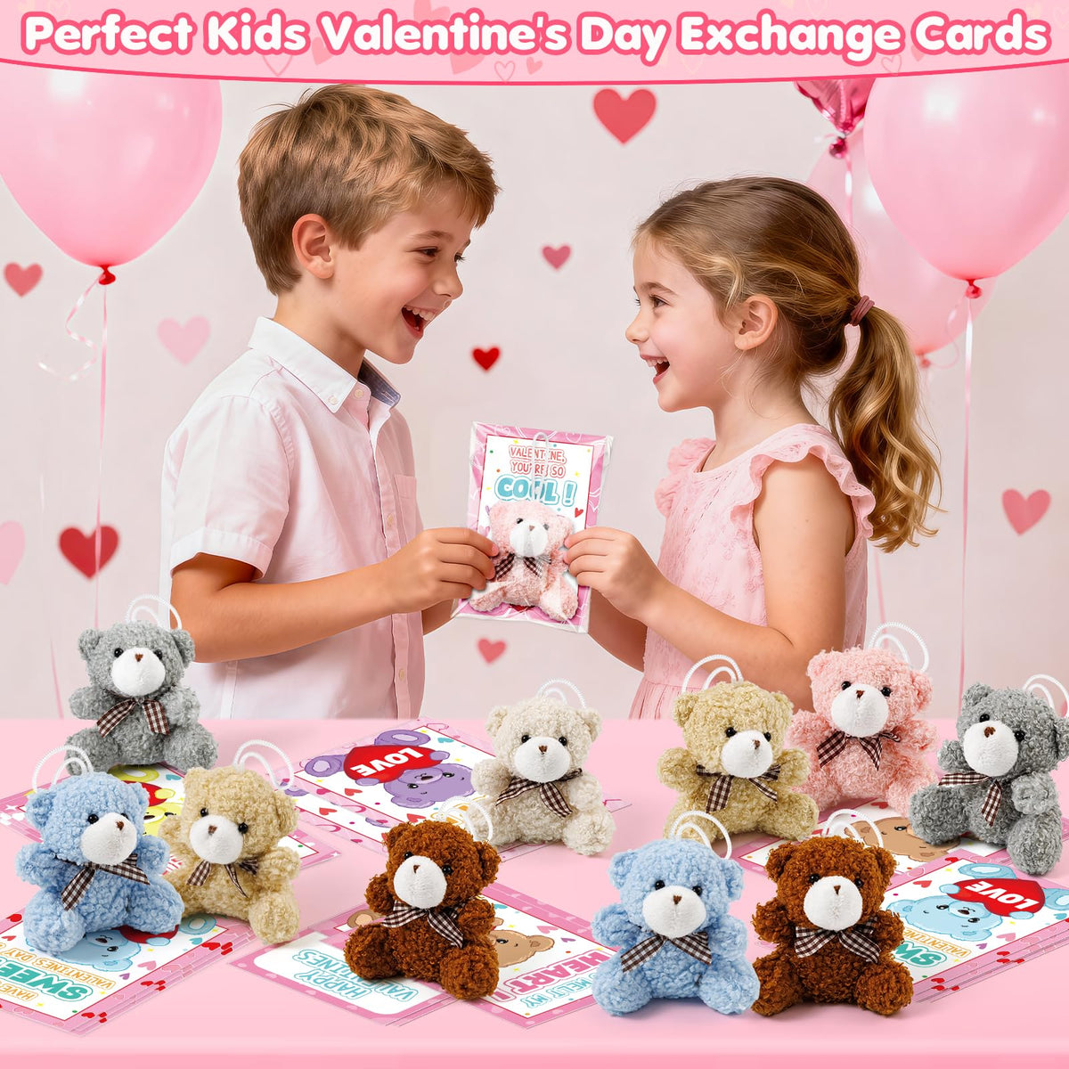 Jumlys Valentines Day Cards for Kids - 24 Pack with Plush Bear Keychains