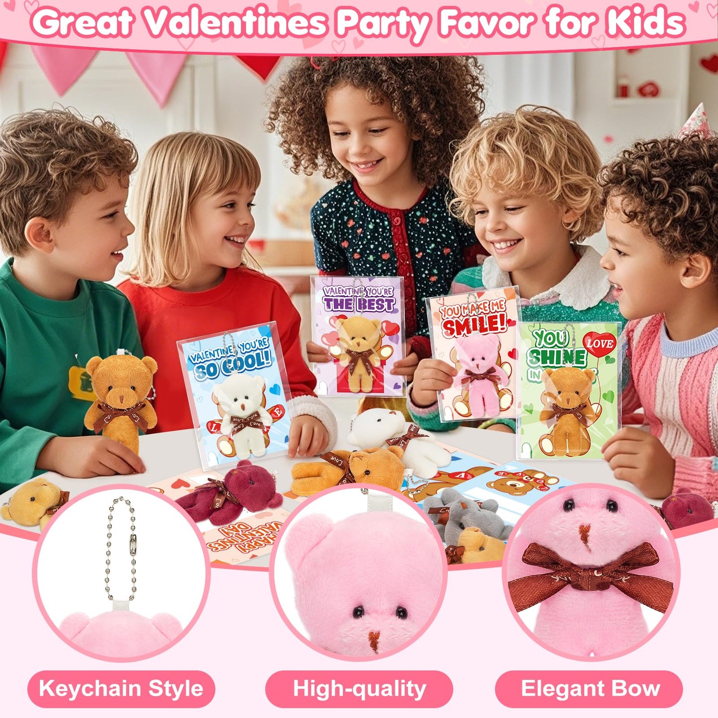Valentine's Day Cards for Kids – 24-Pack with Plush Bear Key Chains | Jumlys
