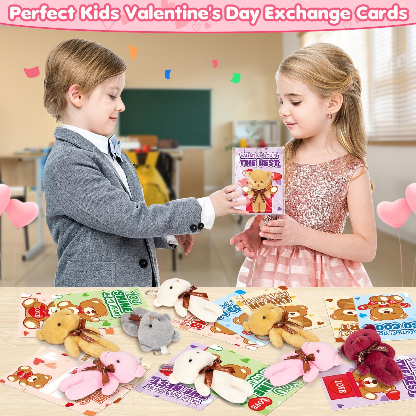 Valentine's Day Cards for Kids – 24-Pack with Plush Bear Key Chains | Jumlys