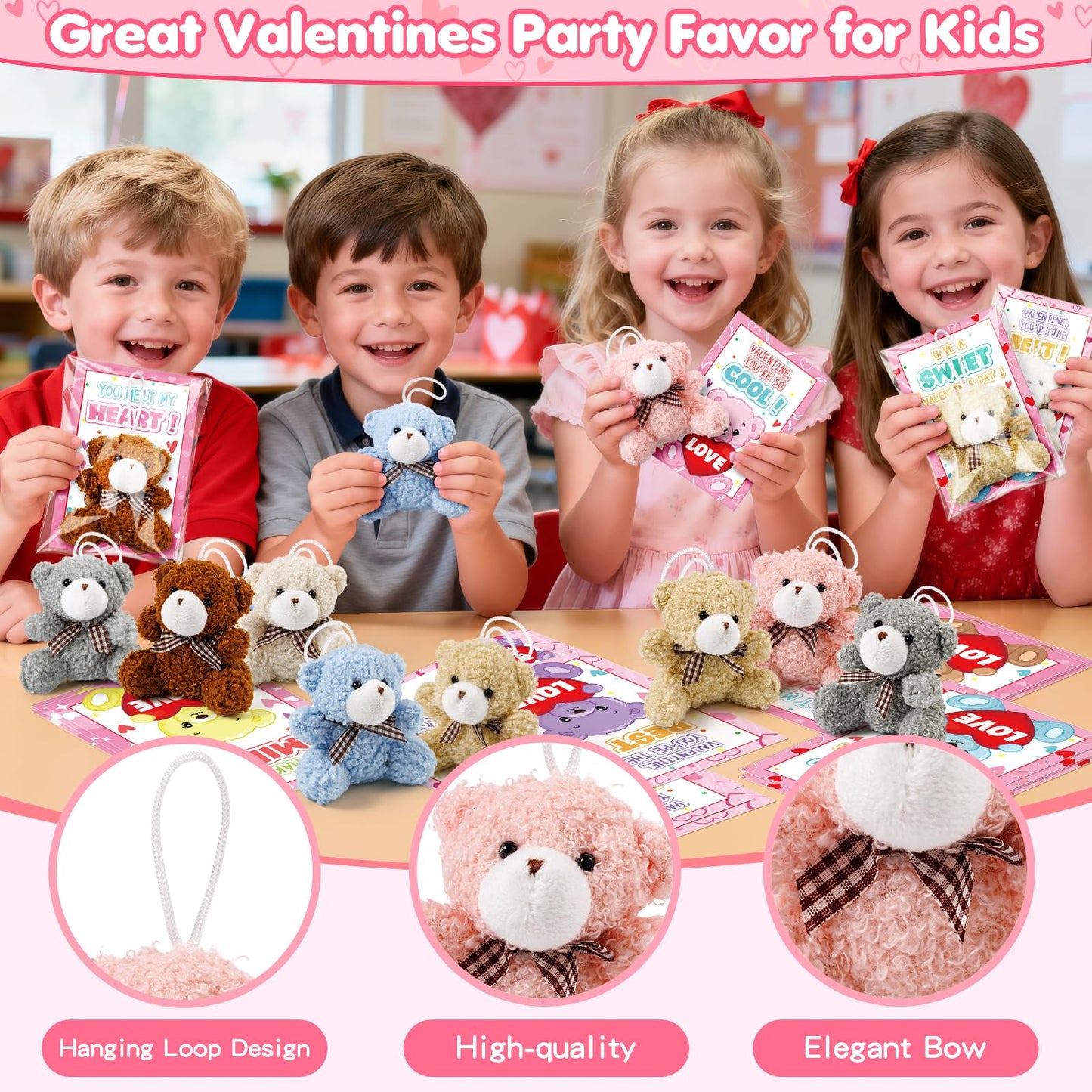 Jumlys Valentines Day Cards for Kids - 24 Pack with Plush Bear Keychains