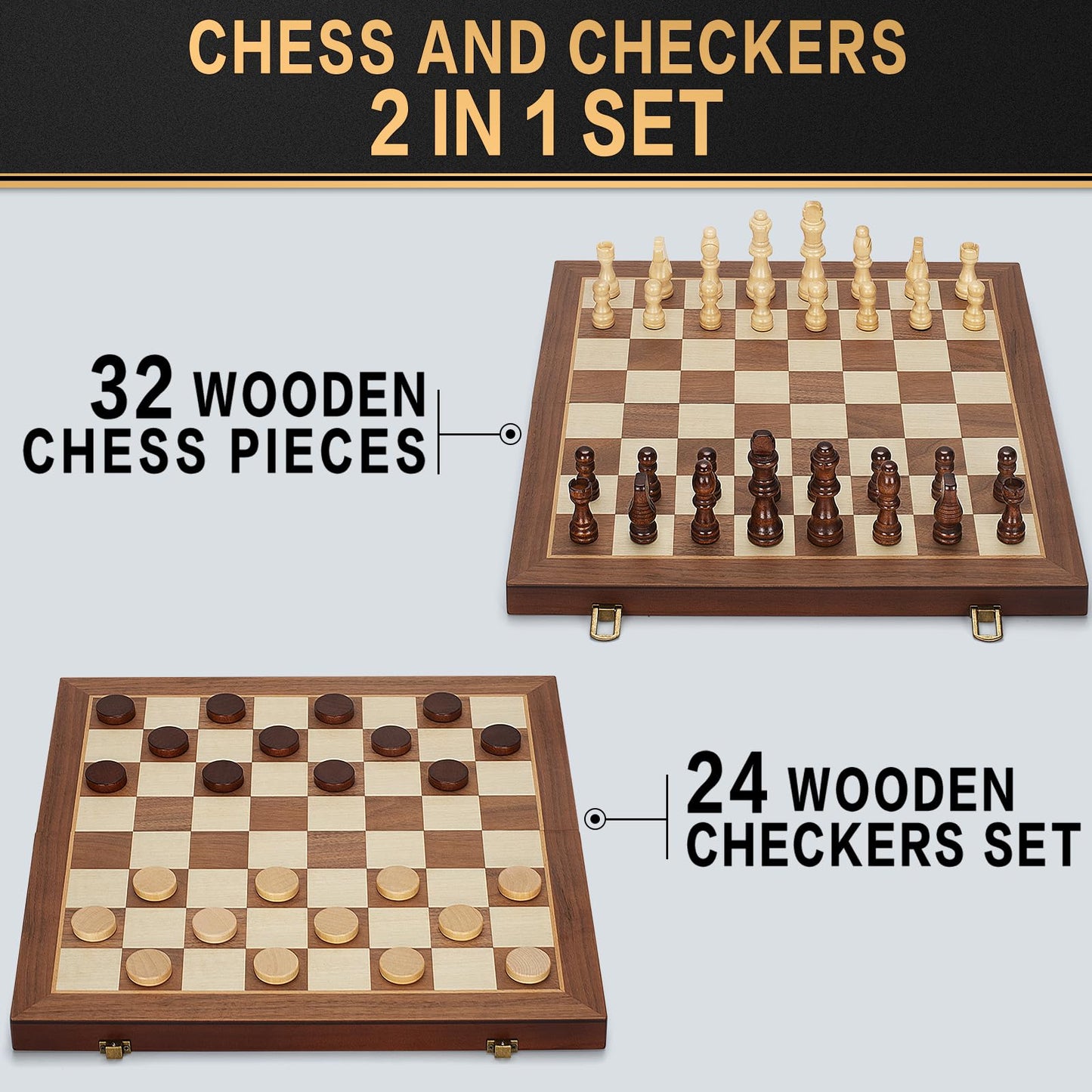 Jumlys 2-in-1 Magnetic Chess Set & Checkers Board – 15" Folding Wooden Travel Game