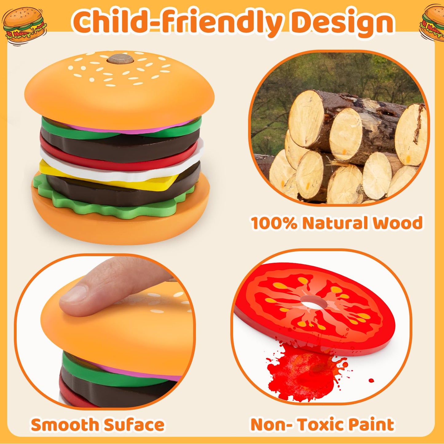 Jumlys Montessori Wooden Burger Stacking Toys – Fine Motor & Imagination