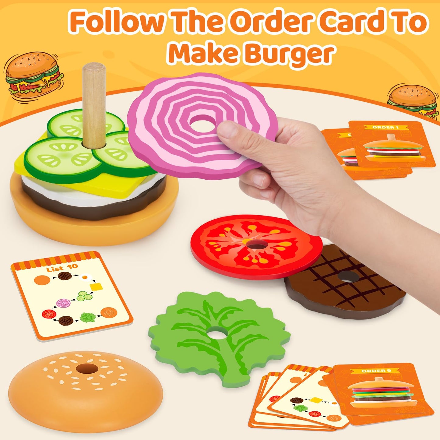 Jumlys Montessori Wooden Burger Stacking Toys – Fine Motor & Imagination
