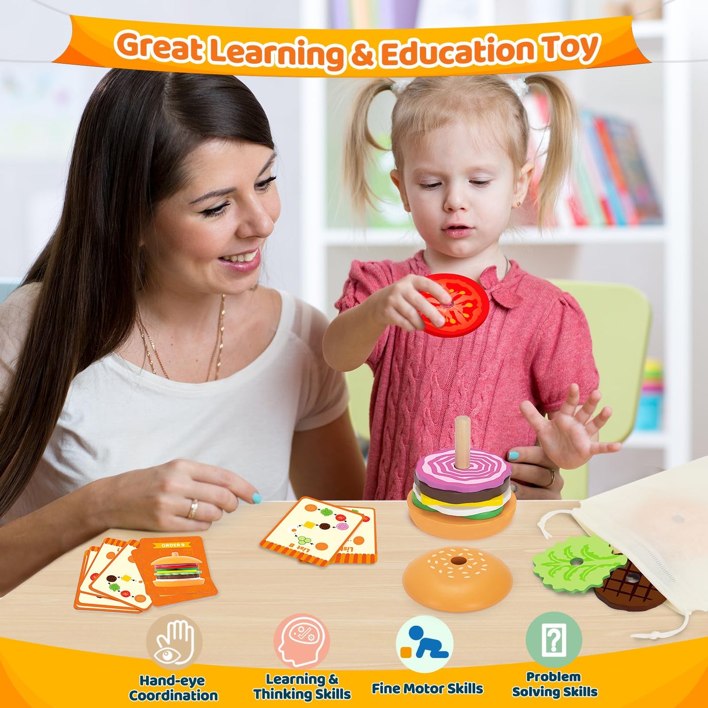 Jumlys Montessori Wooden Burger Stacking Toys – Fine Motor & Imagination