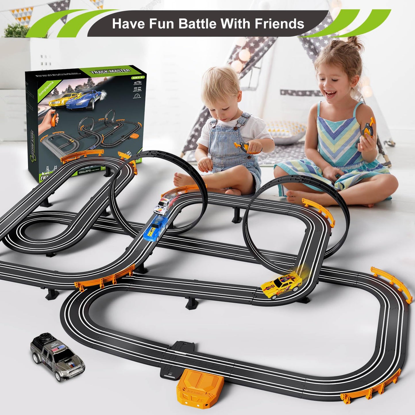 Jumplanma Slot Car Race Track Set – Electric or Battery Powered, 4 Cars & 2 Controllers