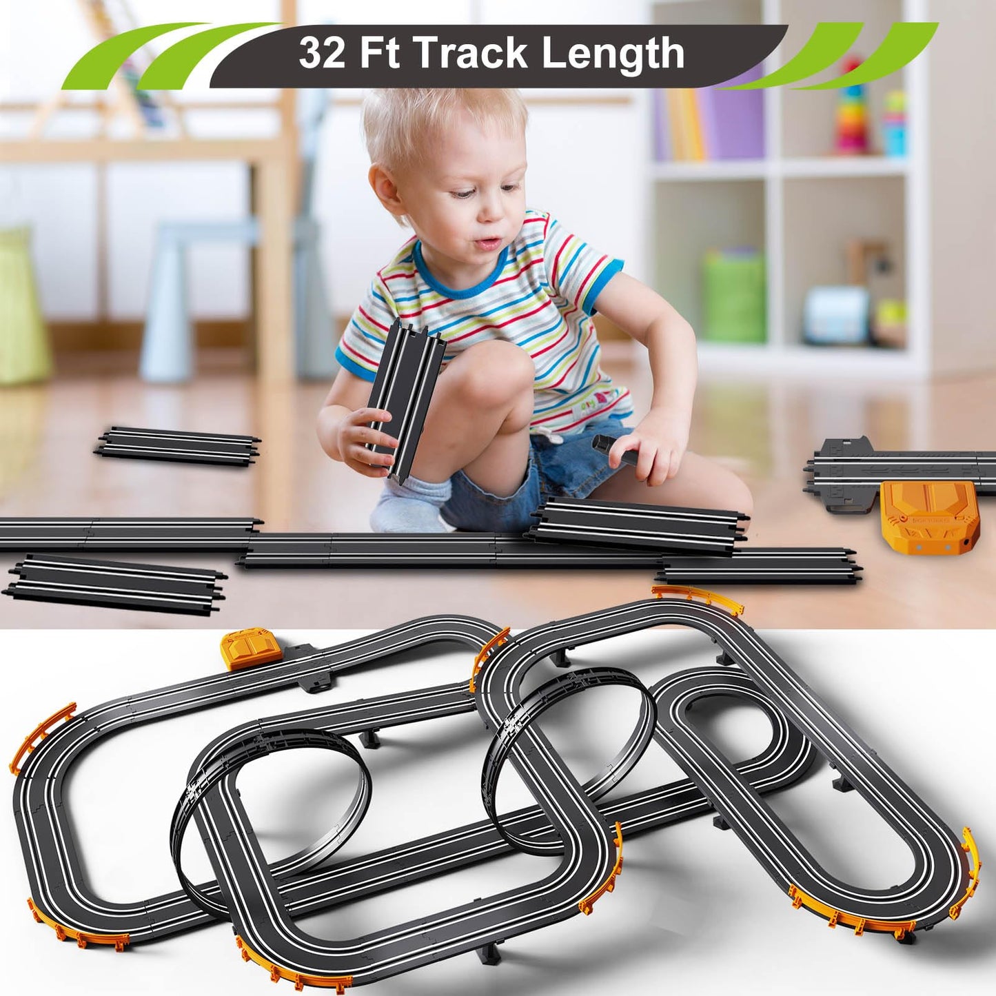 Jumplanma Slot Car Race Track Set – Electric or Battery Powered, 4 Cars & 2 Controllers