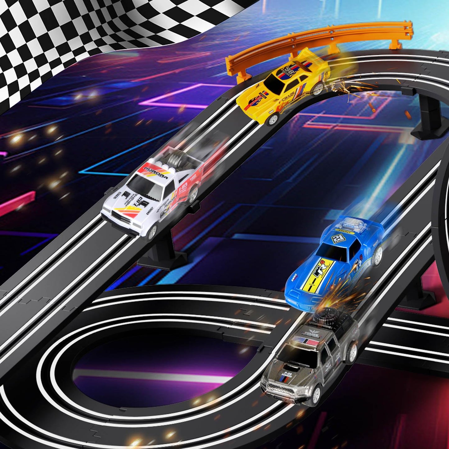 Jumplanma Slot Car Race Track Set – Electric or Battery Powered, 4 Cars & 2 Controllers