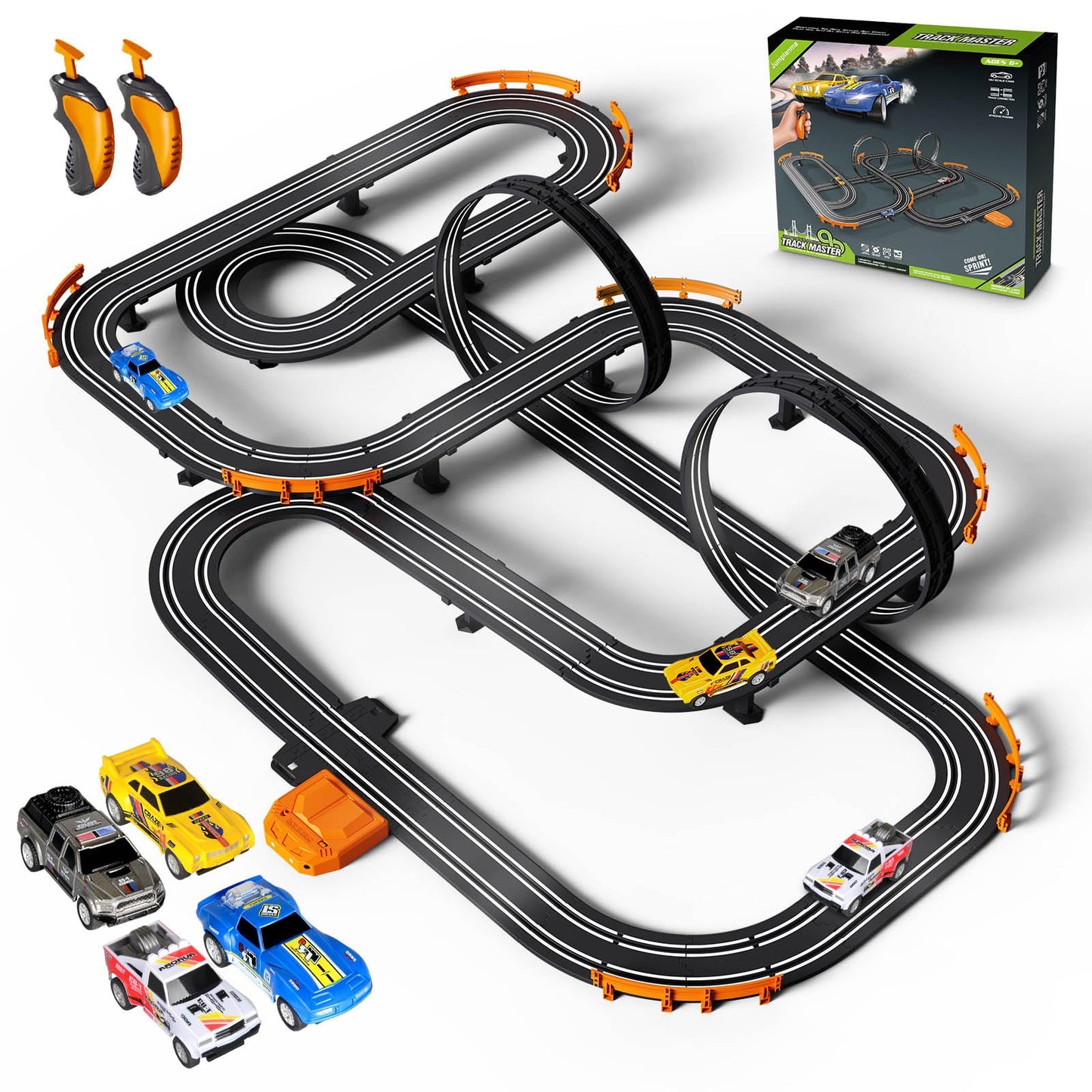 Jumplanma Slot Car Race Track Set – Electric or Battery Powered, 4 Cars & 2 Controllers