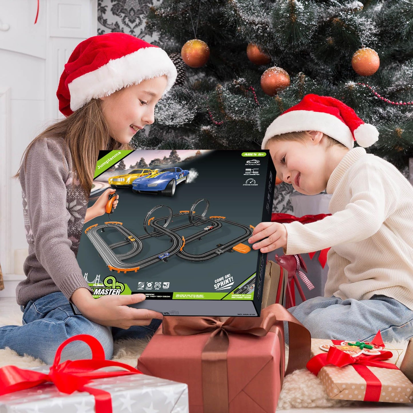 Jumplanma Slot Car Race Track Set – Electric or Battery Powered, 4 Cars & 2 Controllers