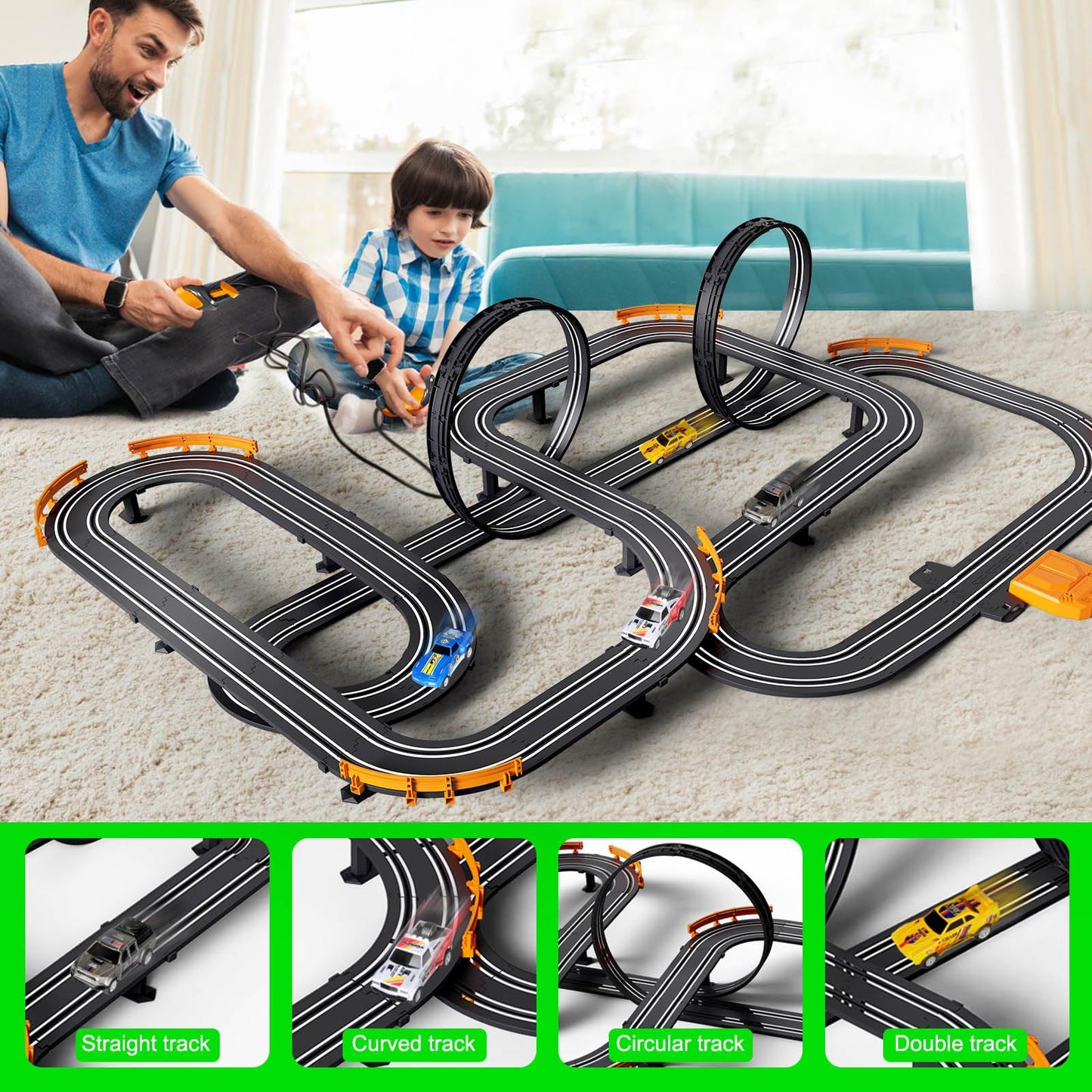Jumplanma Slot Car Race Track Set – Electric or Battery Powered, 4 Cars & 2 Controllers