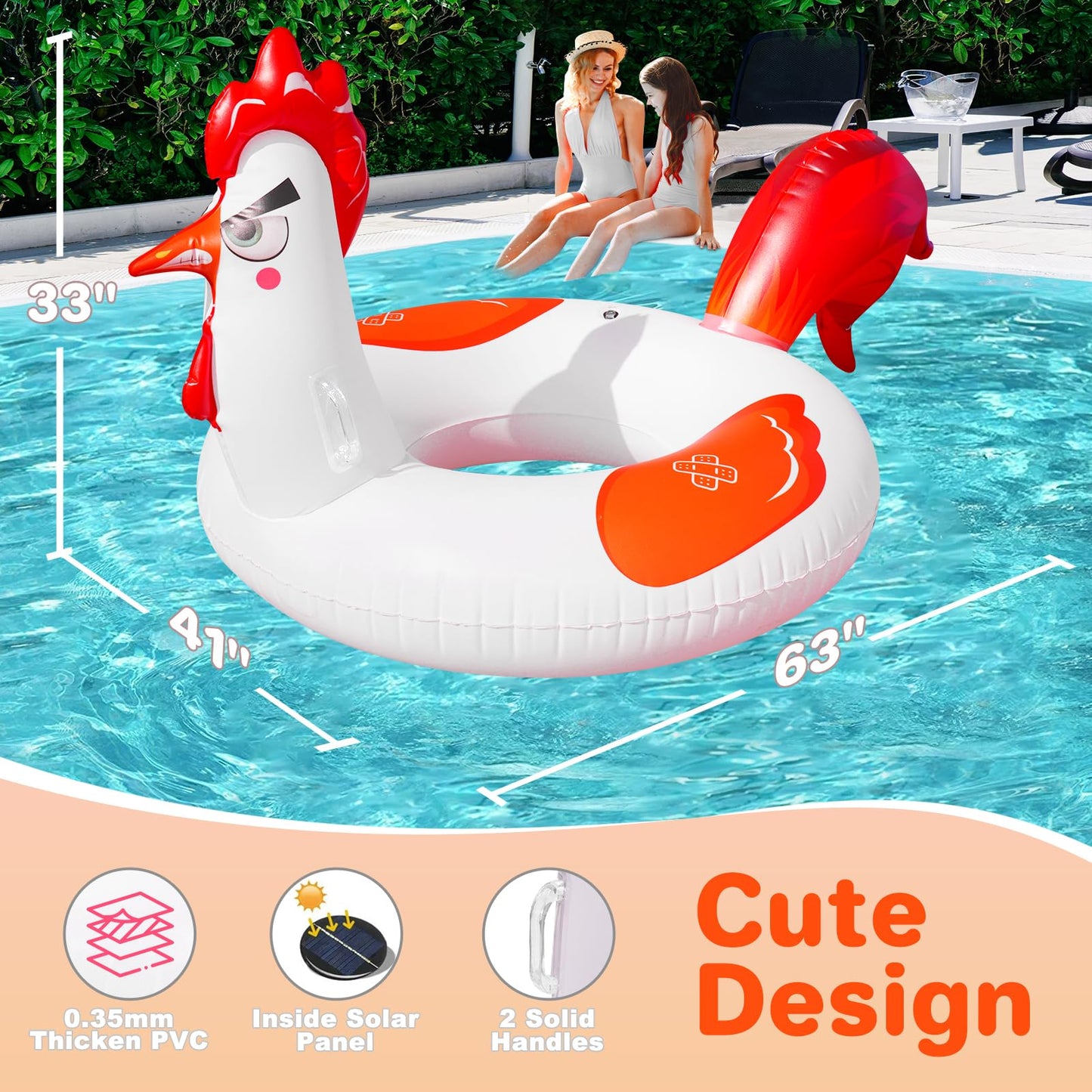 Junbig 63-Inch Chicken Pool Float with Solar RGB Lights