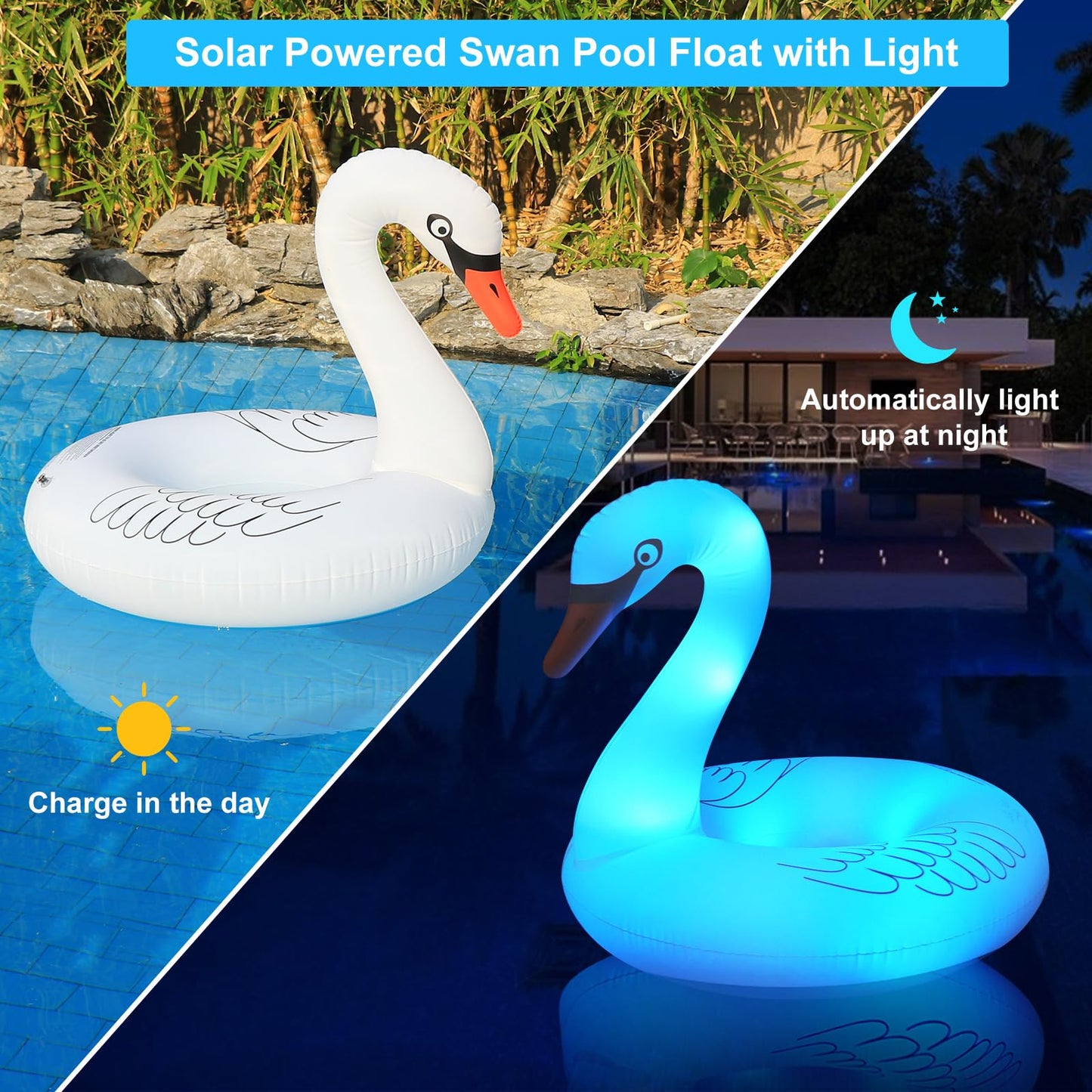 Junbig Inflatable Swan Pool Float – Solar LED, 42-Inch Adult Size