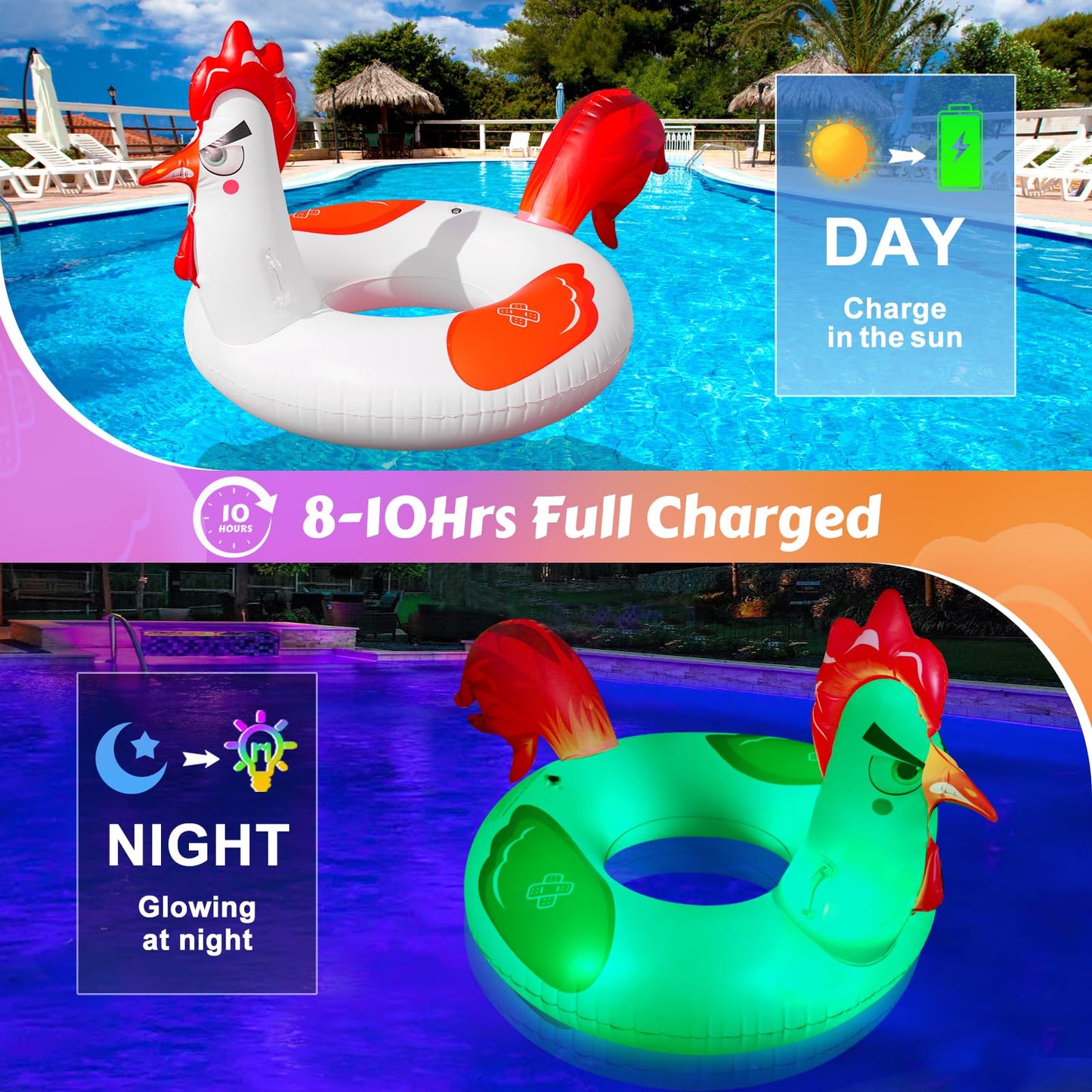 Junbig 63-Inch Chicken Pool Float with Solar RGB Lights