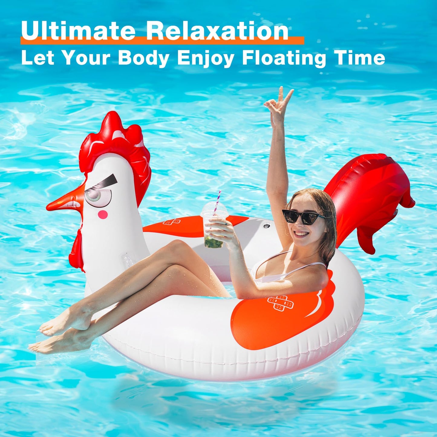 Junbig 63-Inch Chicken Pool Float with Solar RGB Lights