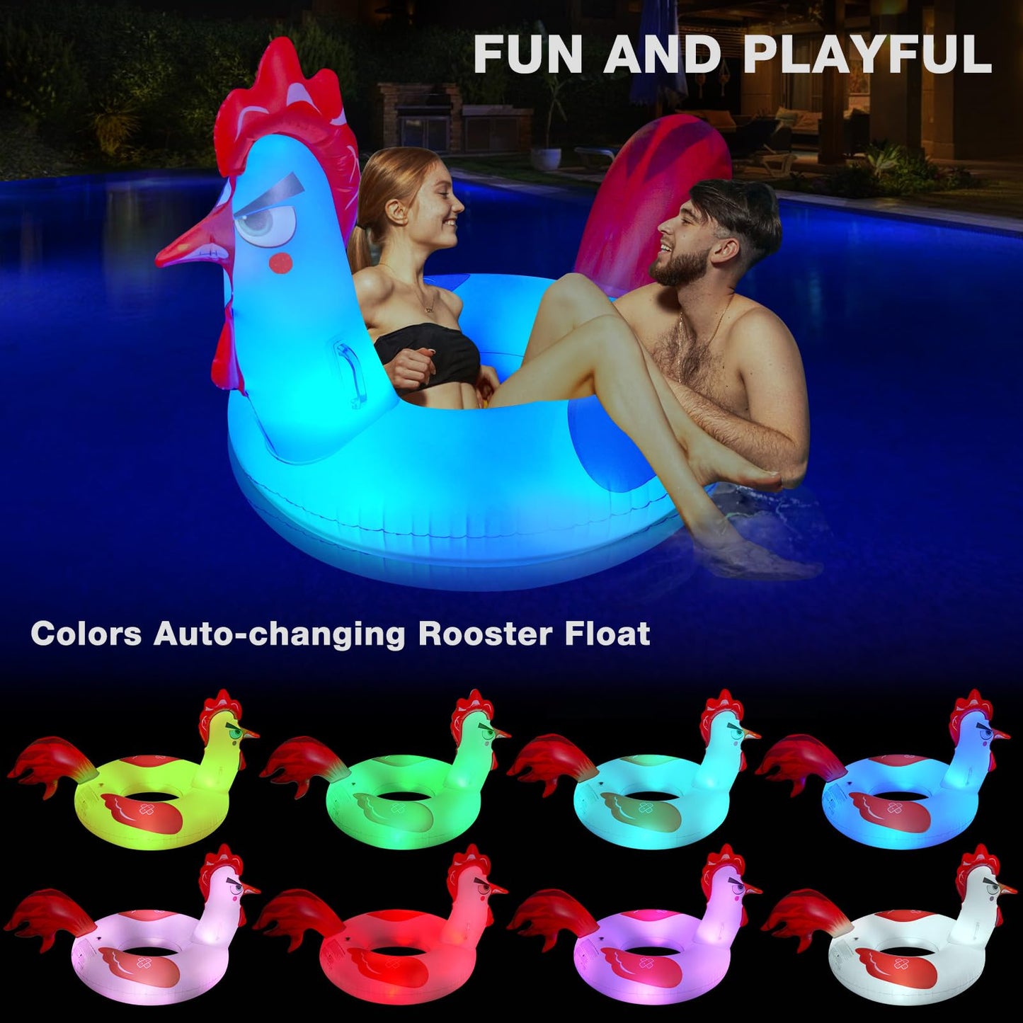 Junbig 63-Inch Chicken Pool Float with Solar RGB Lights