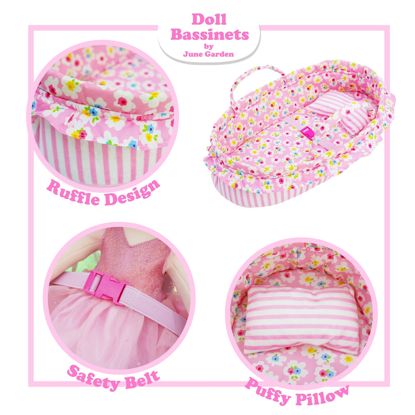 June Garden Cozy Dream Doll Bassinet - Portable Carrier for American Girl Dolls up to 18 inches