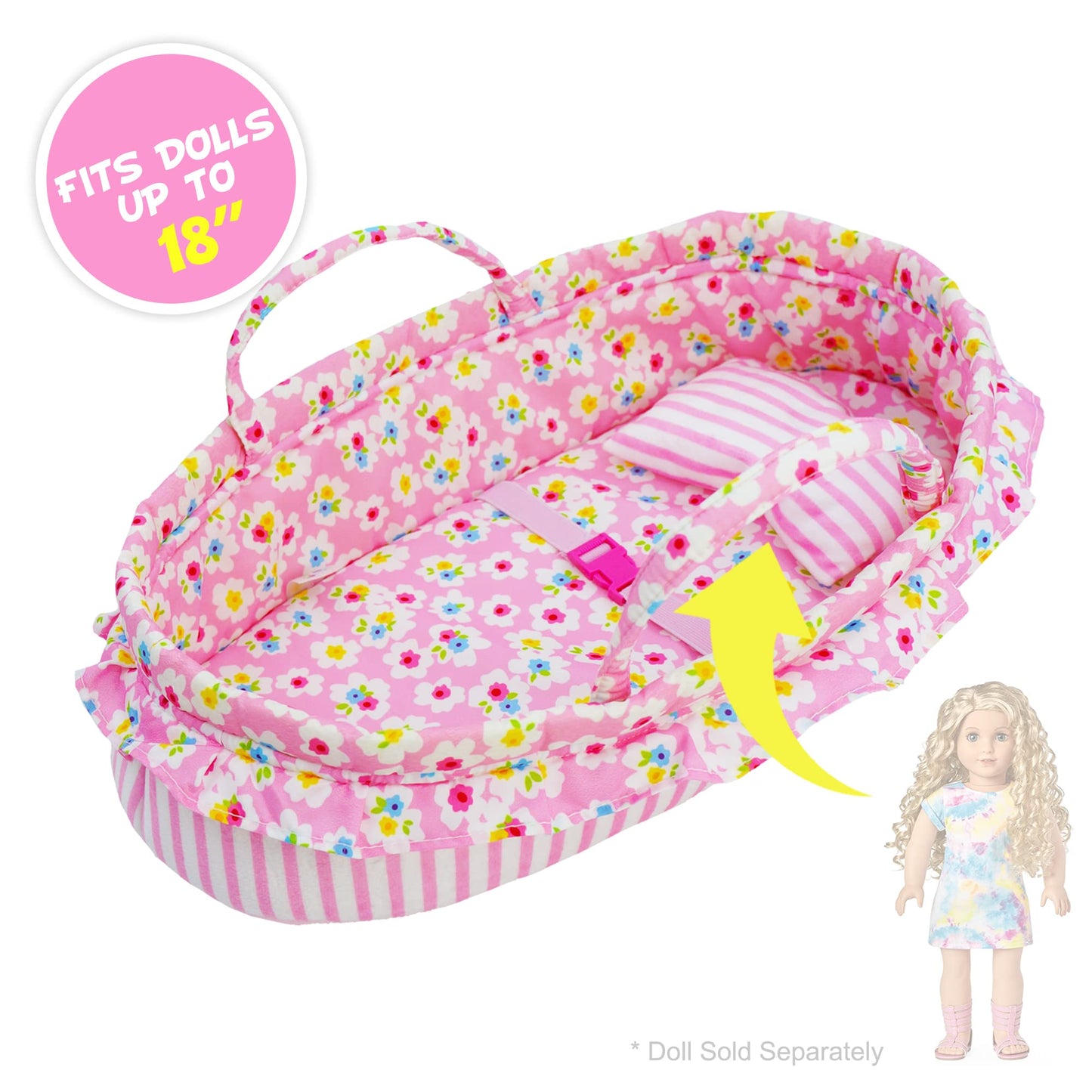 June Garden Cozy Dream Doll Bassinet - Portable Carrier for American Girl Dolls up to 18 inches
